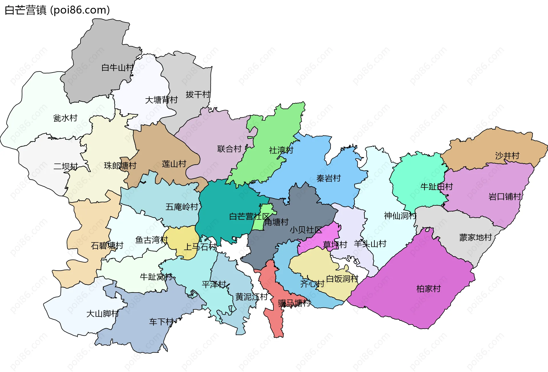 白芒营镇边界地图(五级行政区划)
