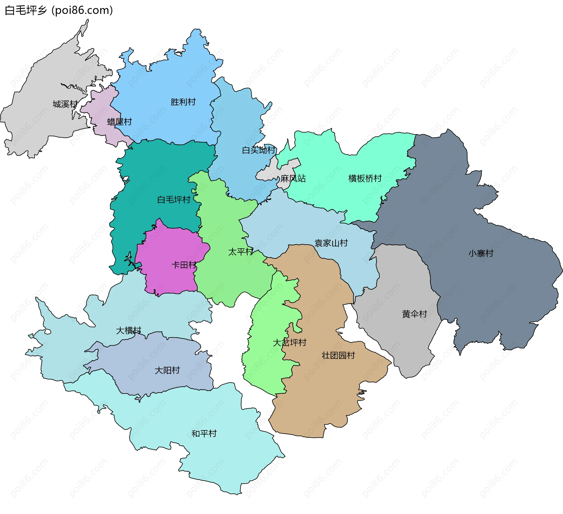 白毛坪乡边界地图(五级行政区划)
