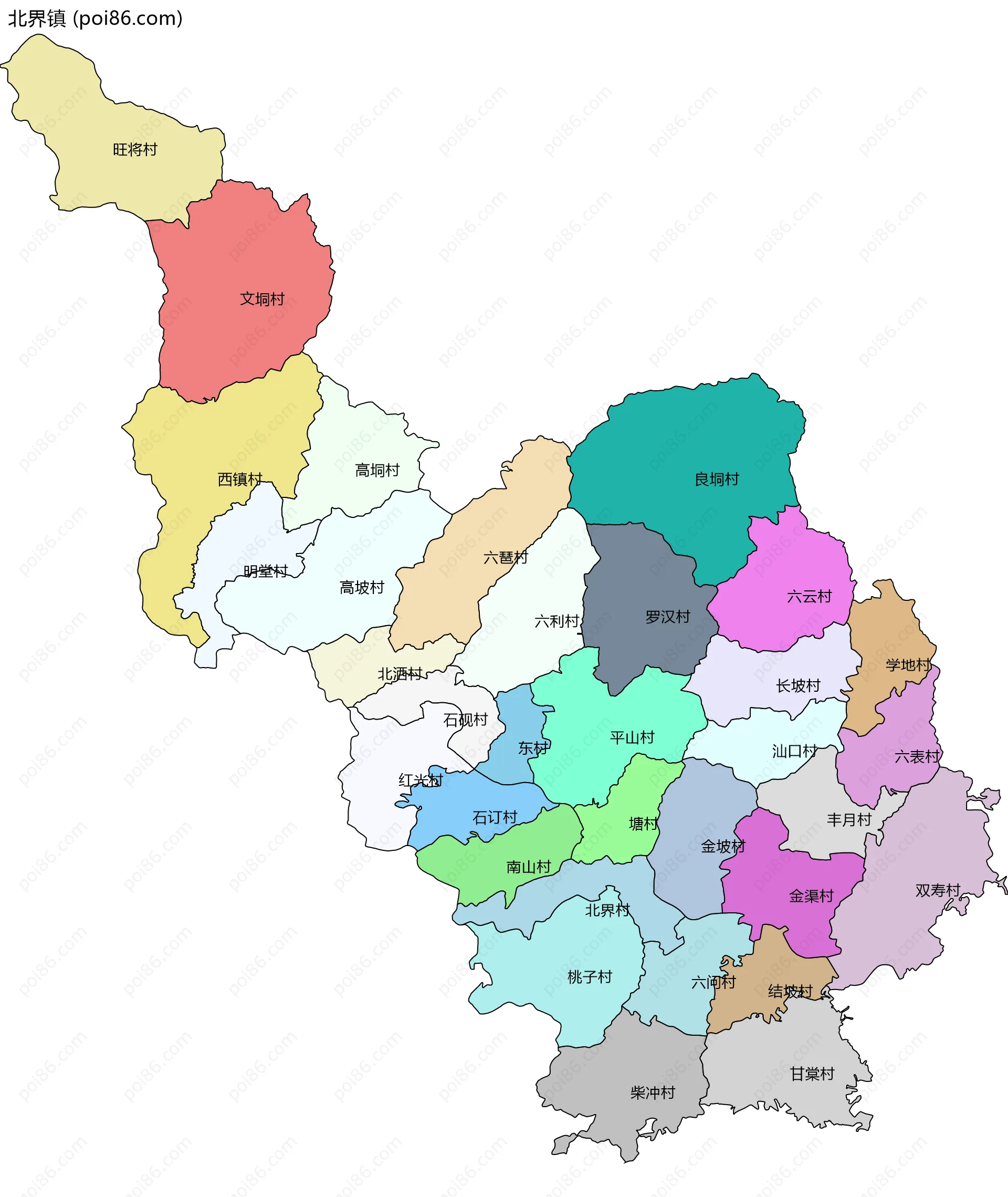 北界镇边界地图(五级行政区划)