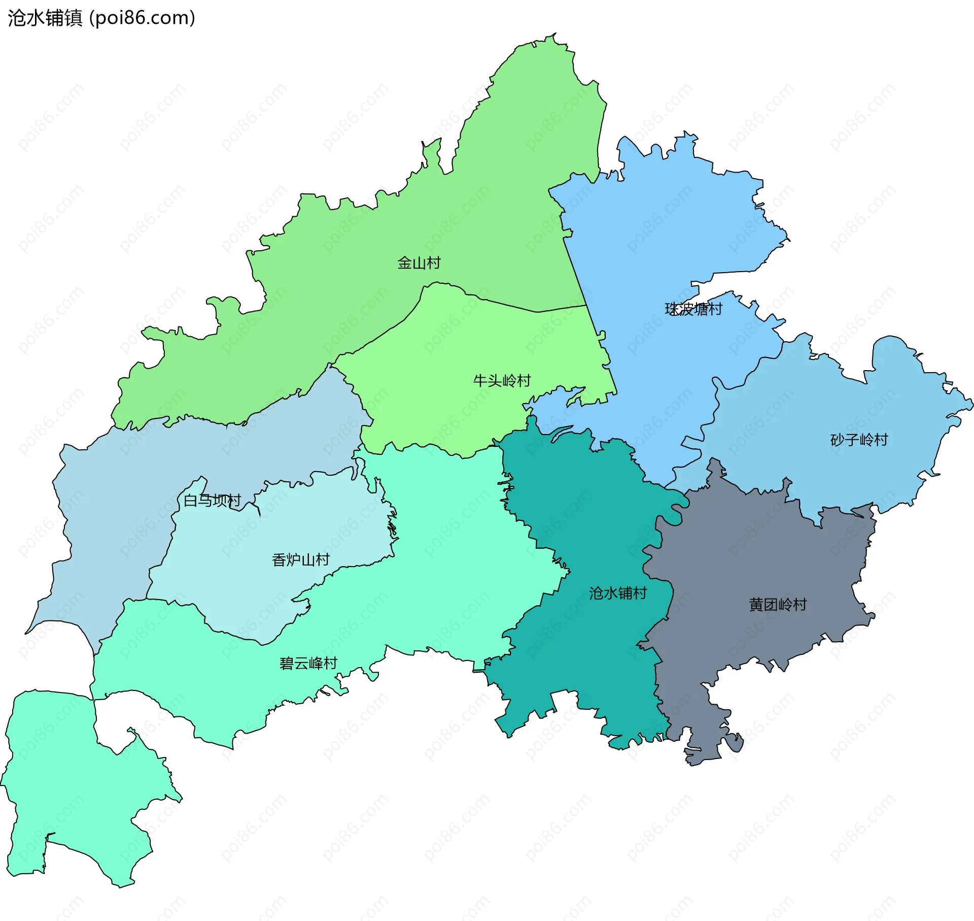 沧水铺镇边界地图(五级行政区划)