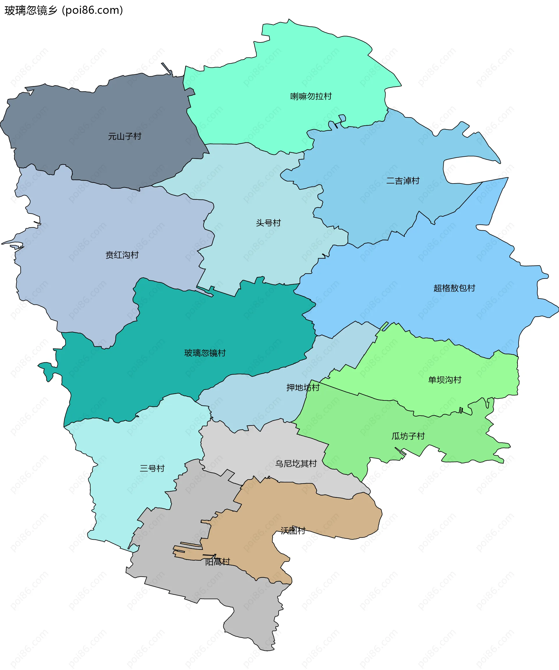 玻璃忽镜乡边界地图(五级行政区划)