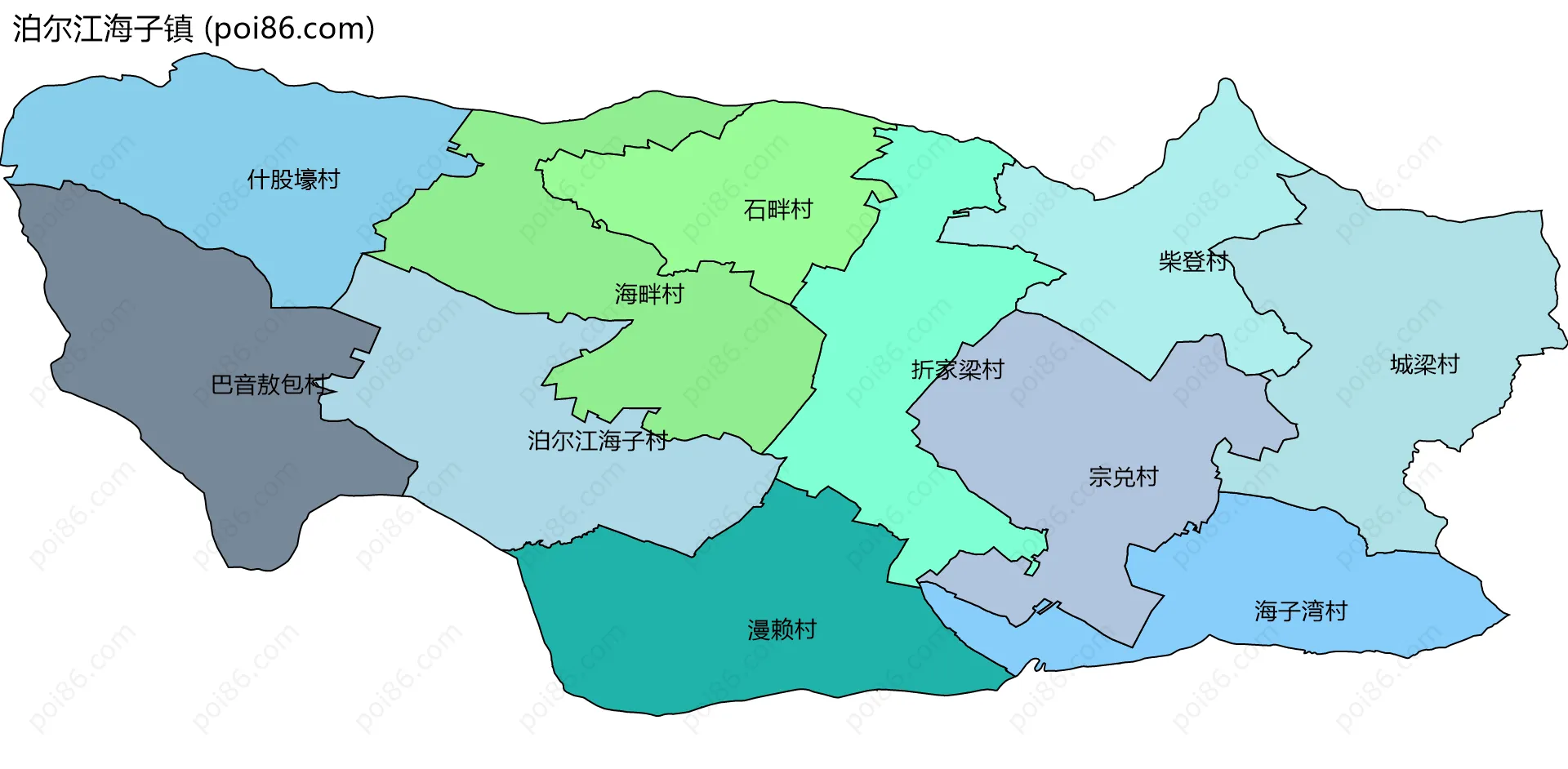 泊尔江海子镇边界地图(五级行政区划)