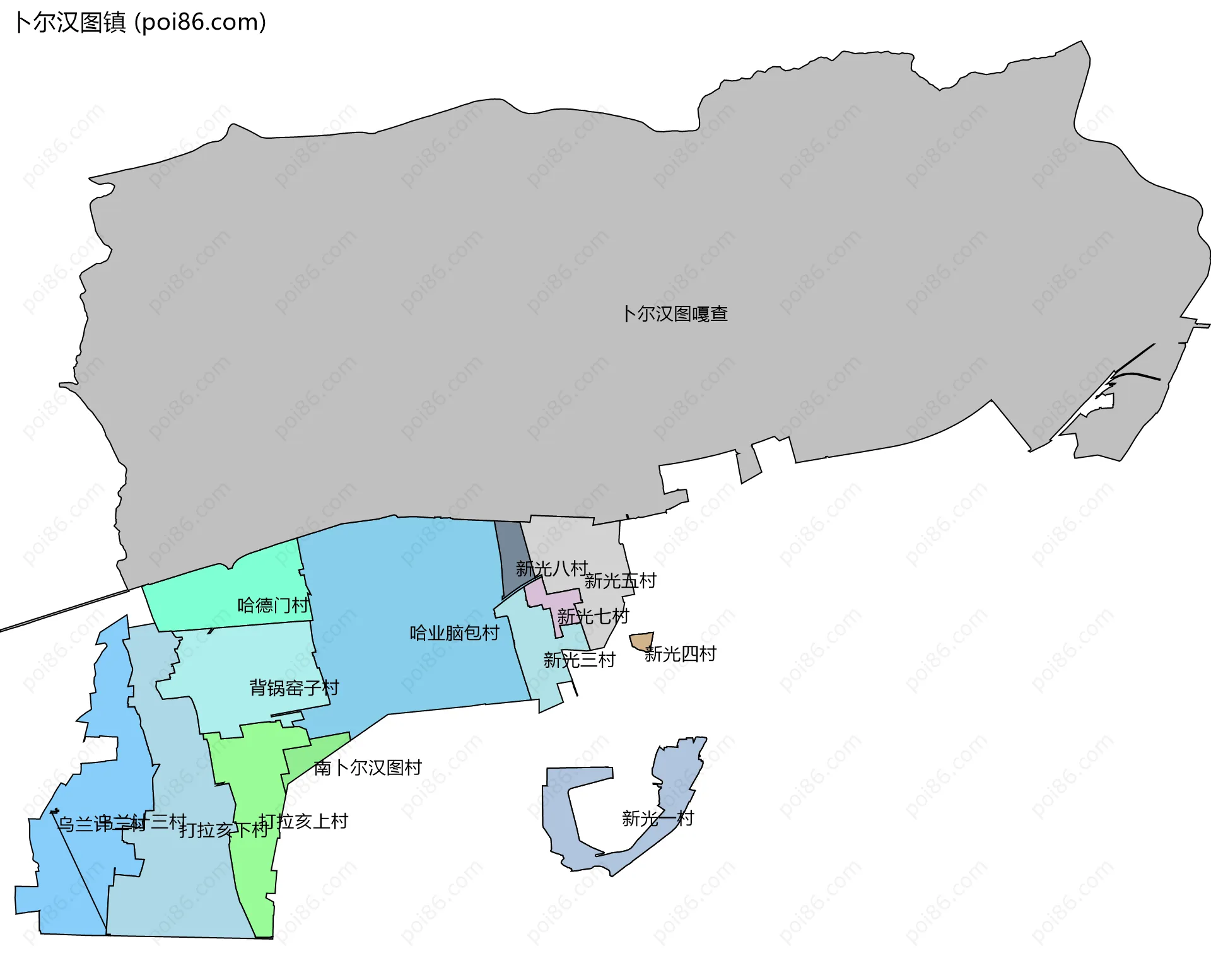 卜尔汉图镇边界地图(五级行政区划)
