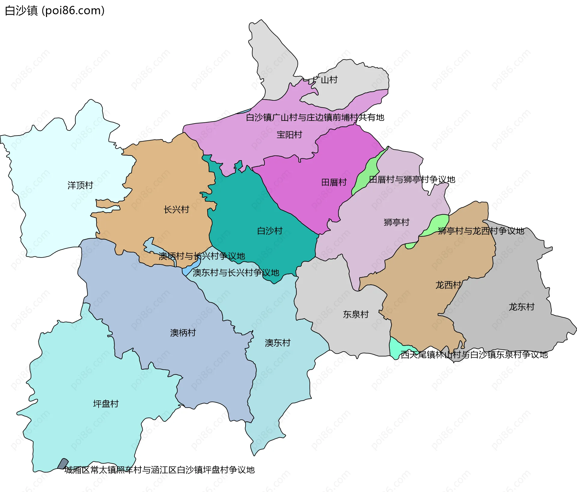 白沙镇边界地图(五级行政区划)