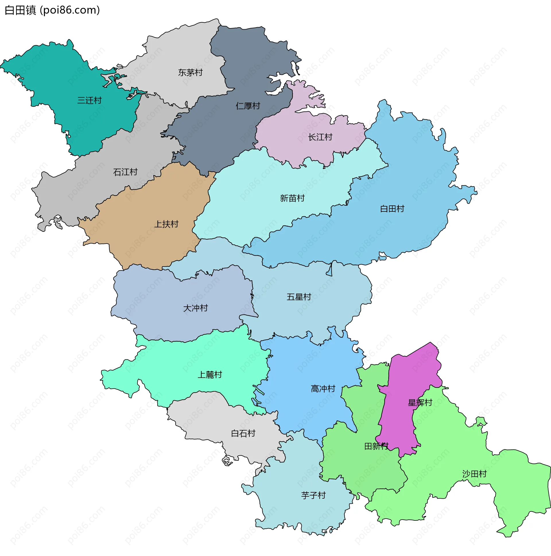 白田镇边界地图(五级行政区划)