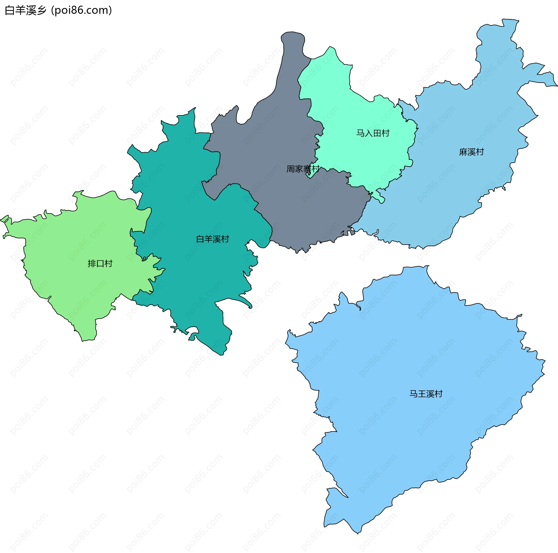 白羊溪乡边界地图(五级行政区划)