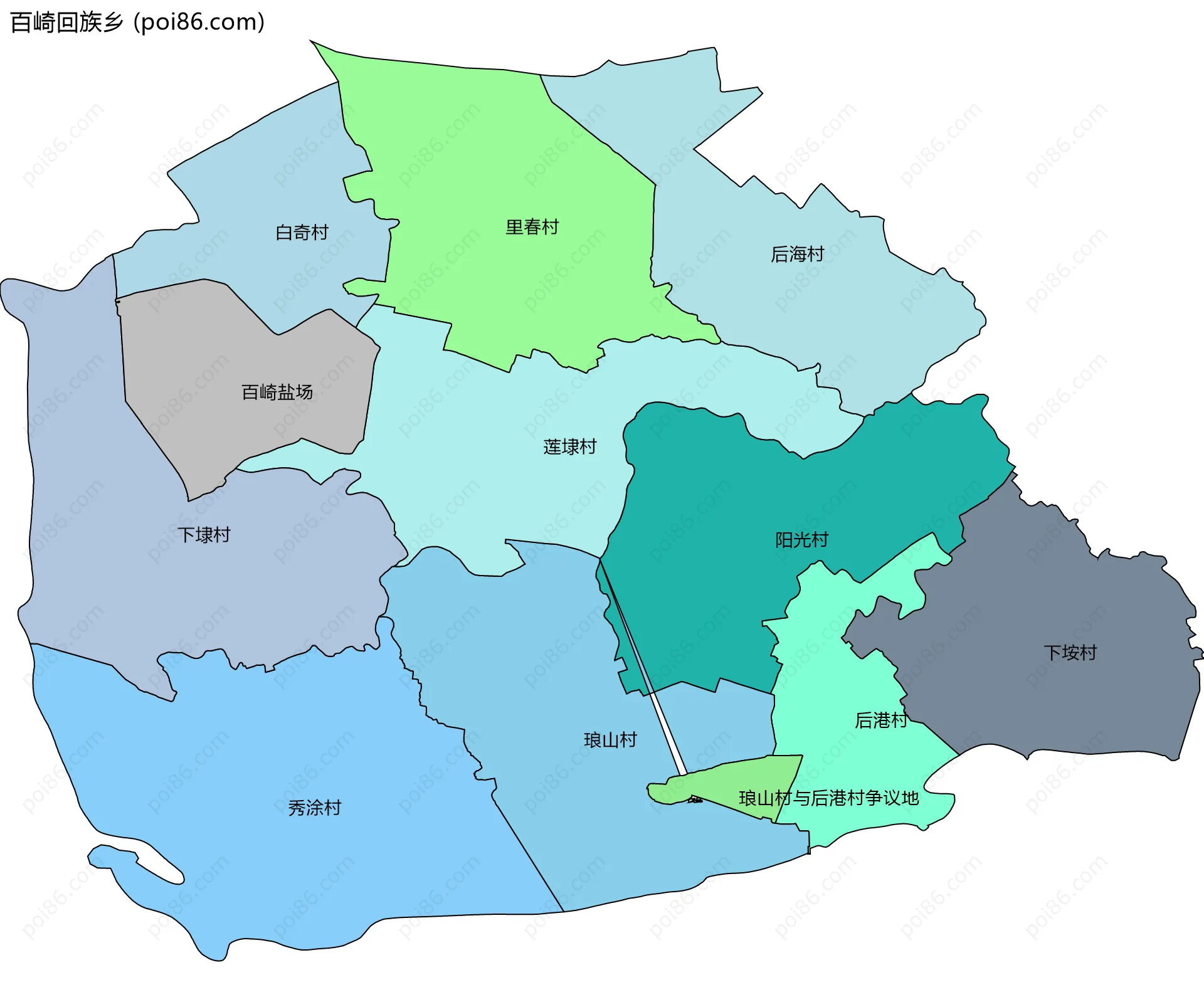 百崎回族乡边界地图(五级行政区划)