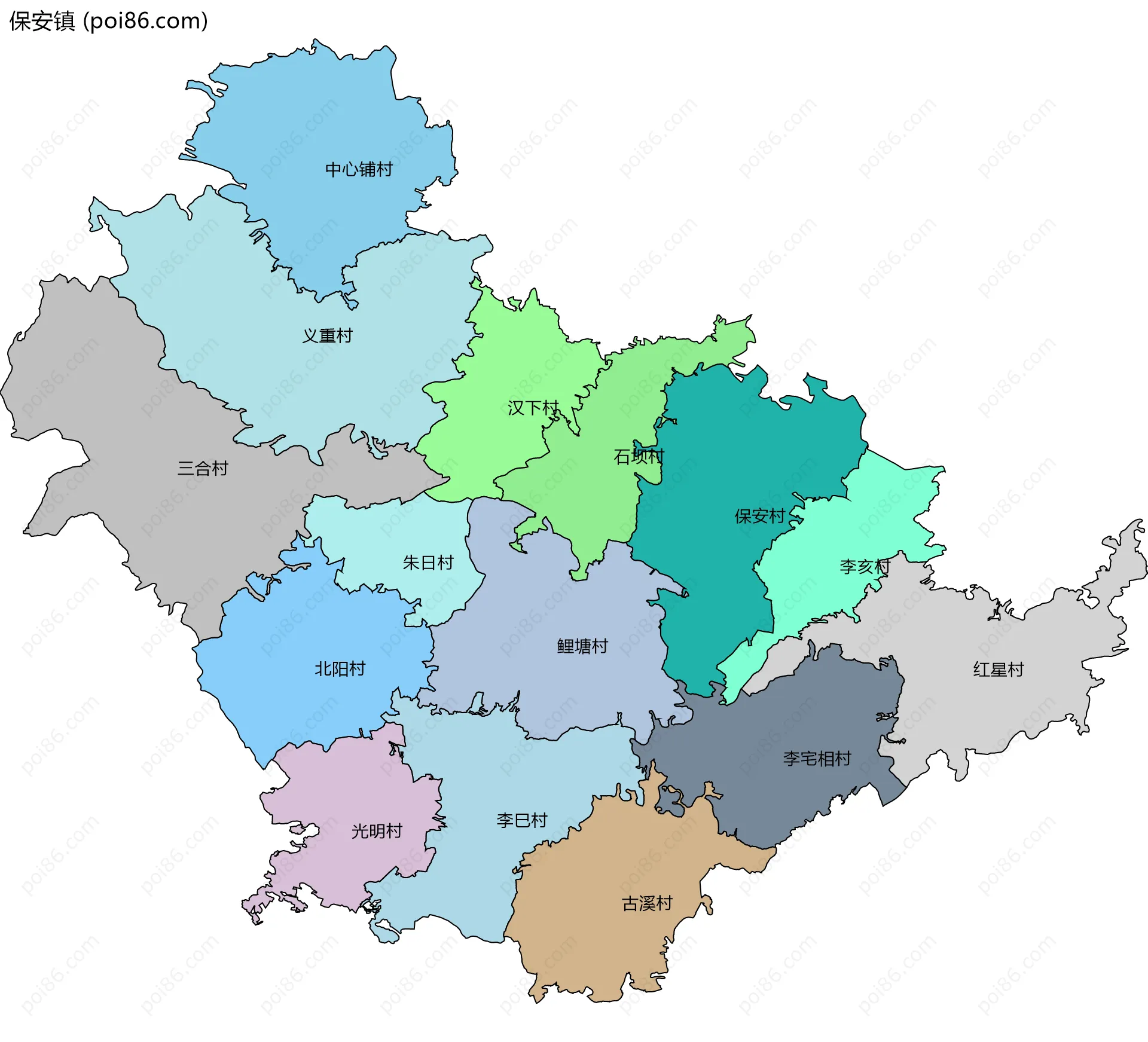 保安镇边界地图(五级行政区划)