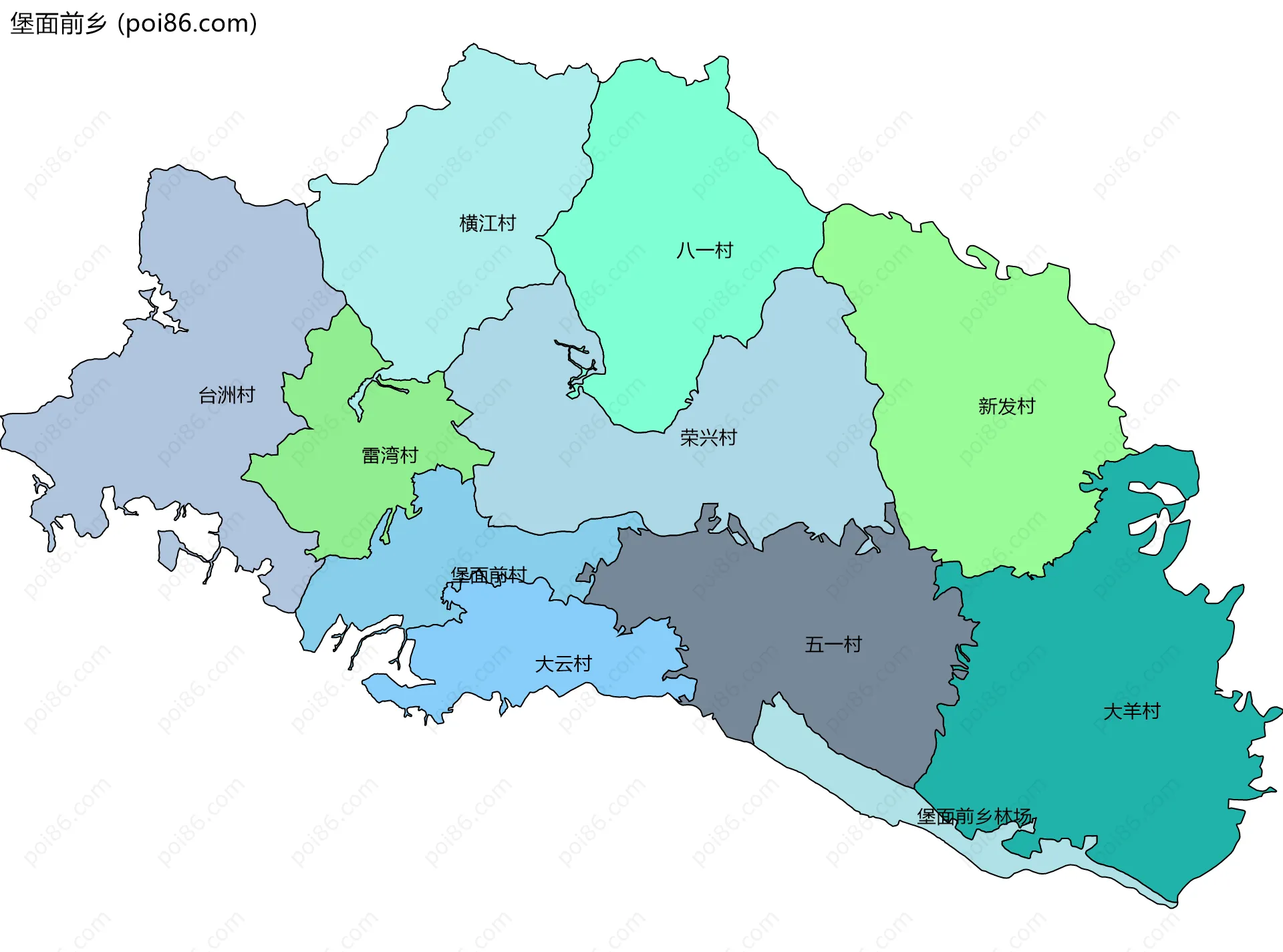 堡面前乡边界地图(五级行政区划)