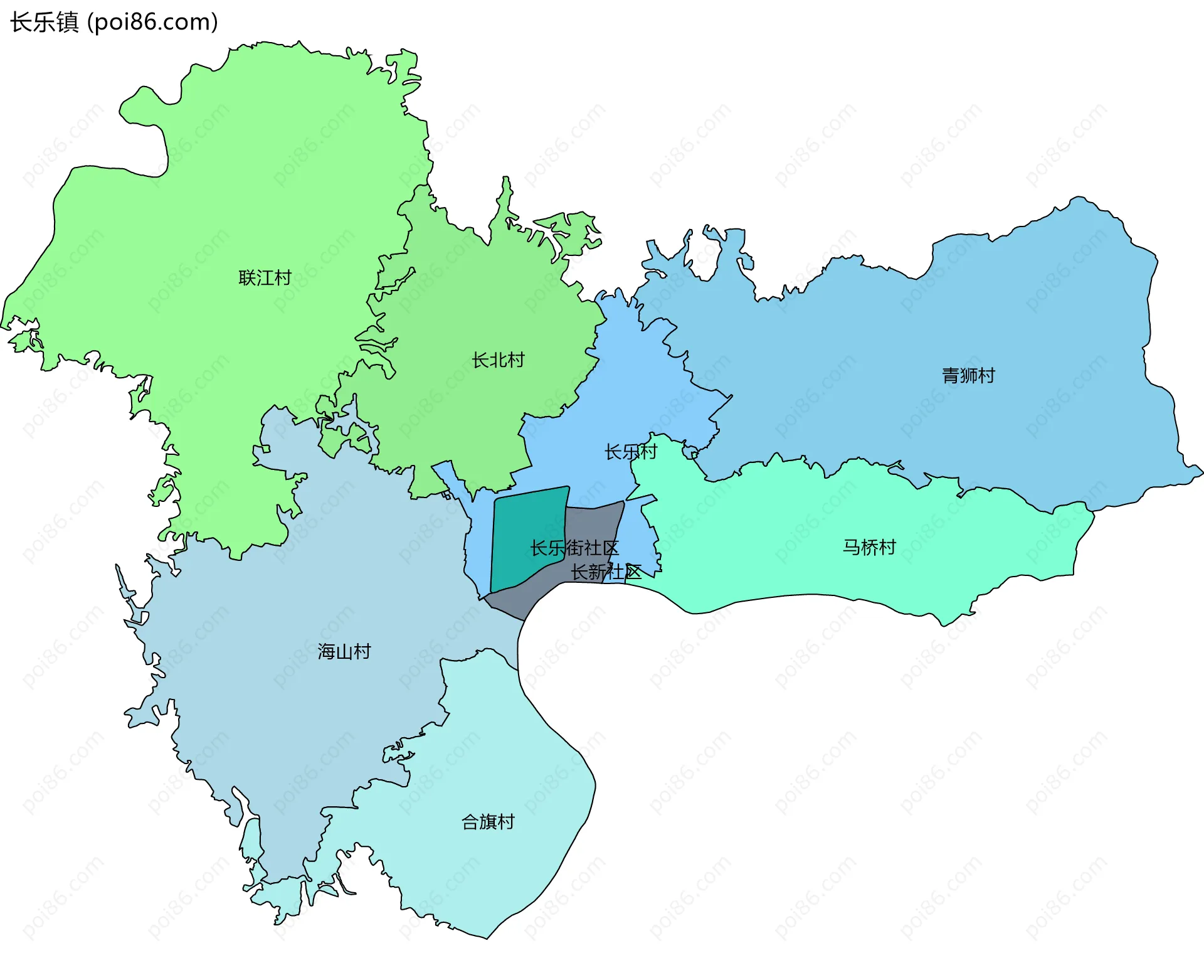 长乐镇边界地图(五级行政区划)