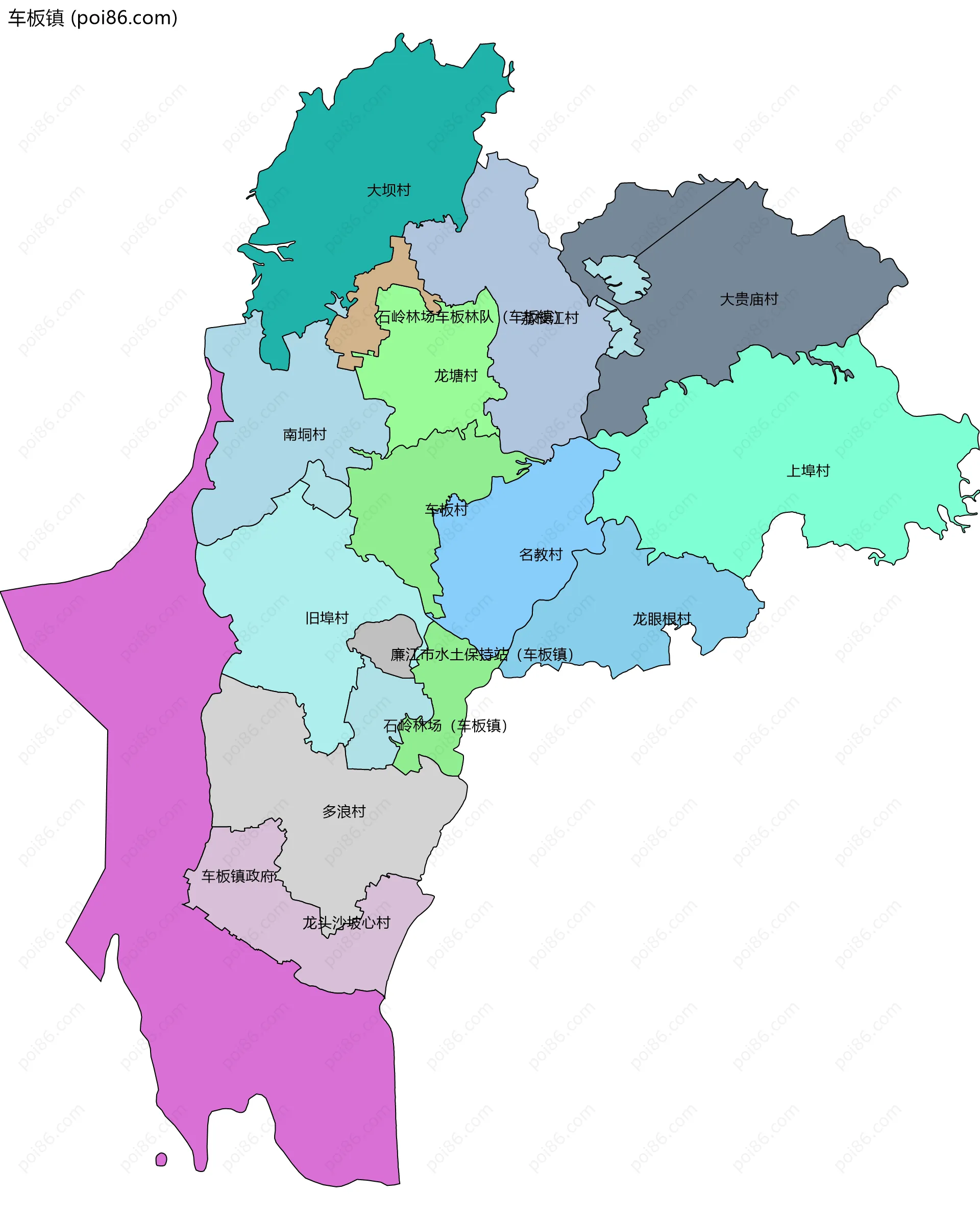 车板镇边界地图(五级行政区划)