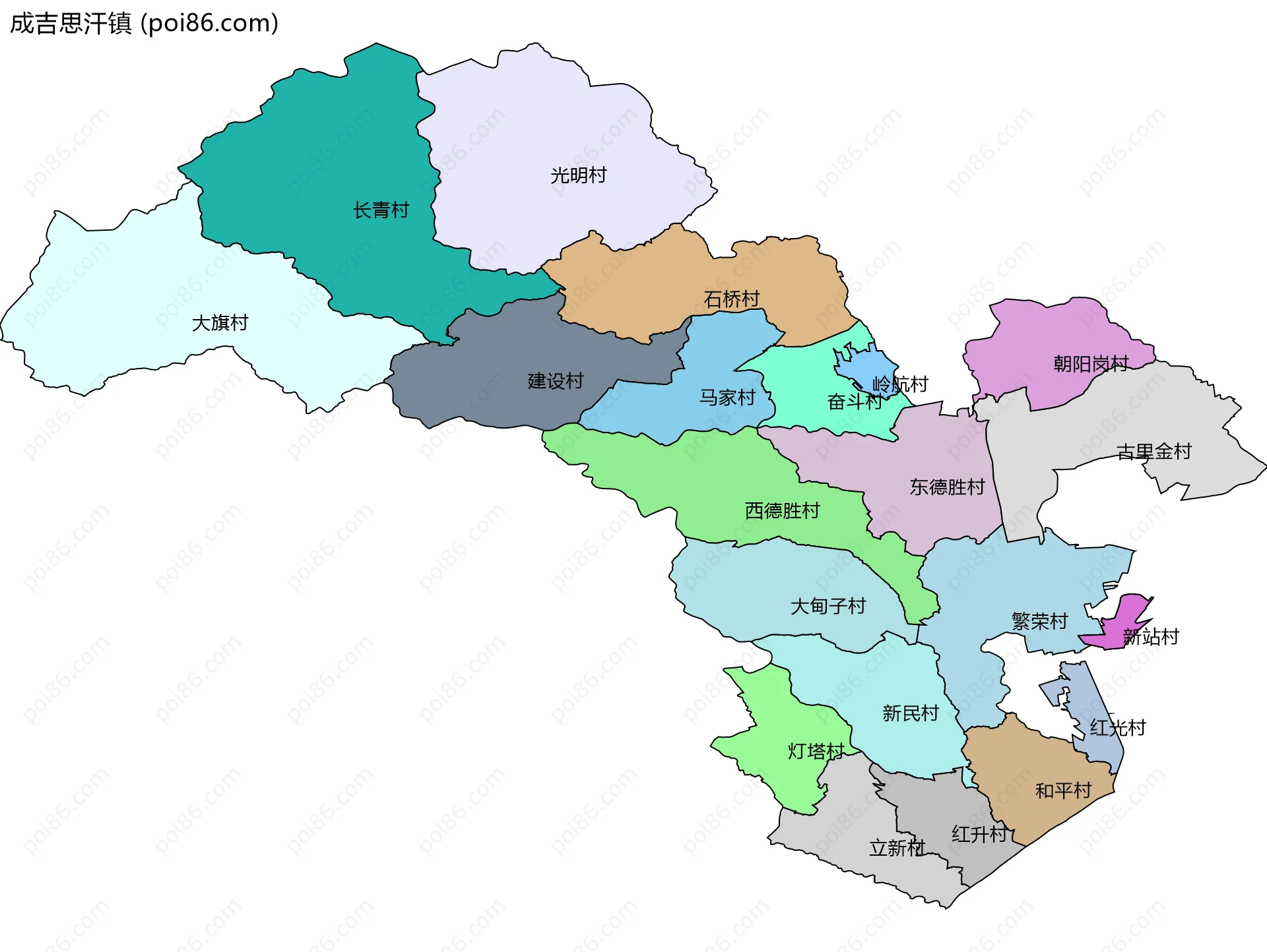 成吉思汗镇边界地图(五级行政区划)
