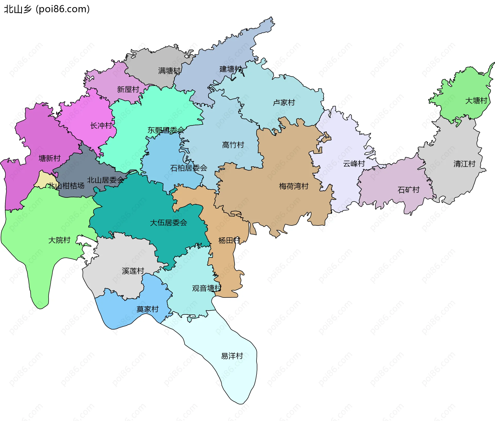 北山乡边界地图(五级行政区划)