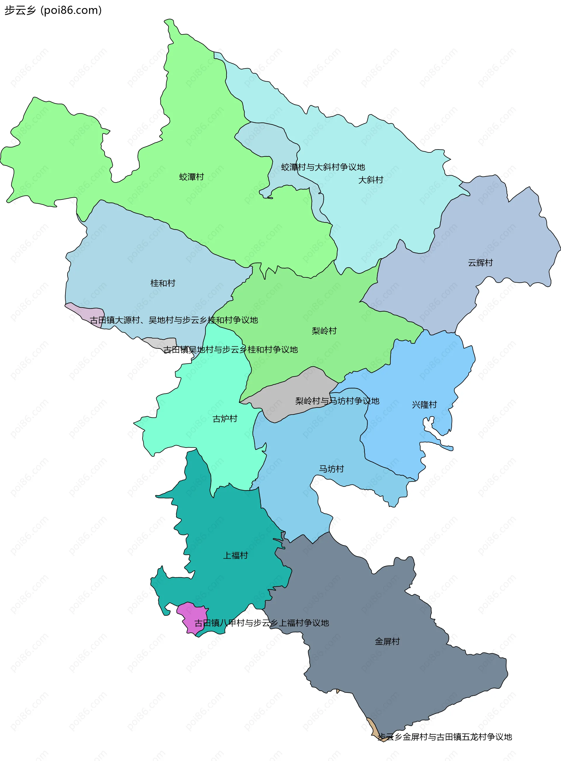 步云乡边界地图(五级行政区划)