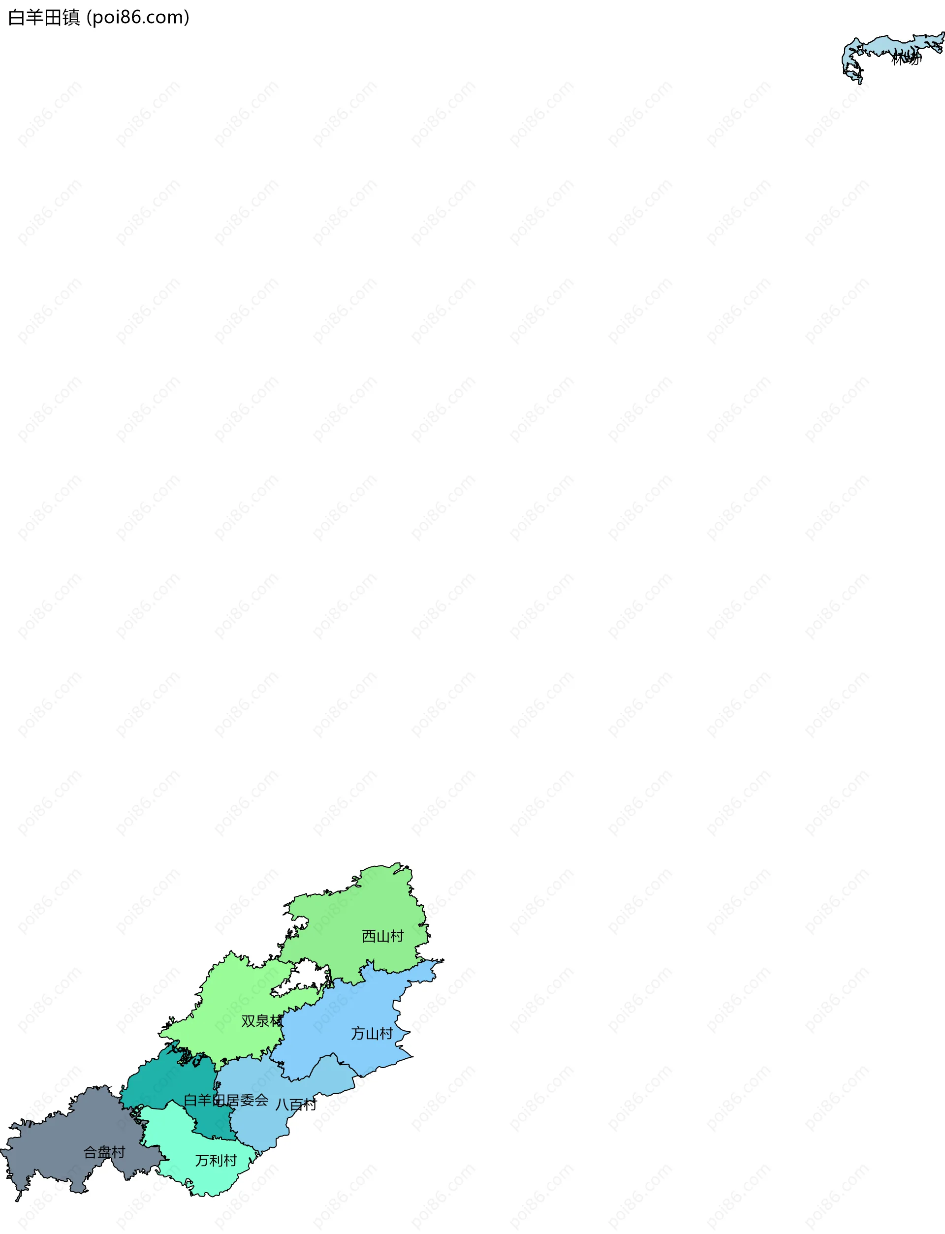 白羊田镇边界地图(五级行政区划)