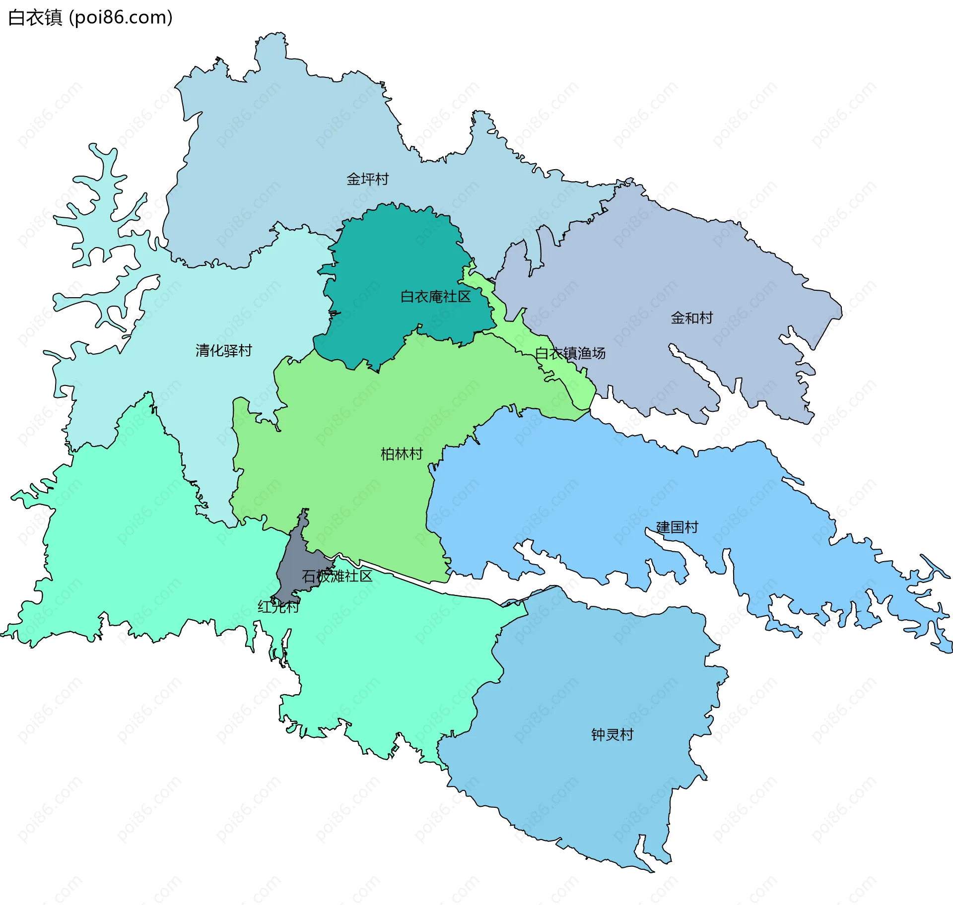 白衣镇边界地图(五级行政区划)