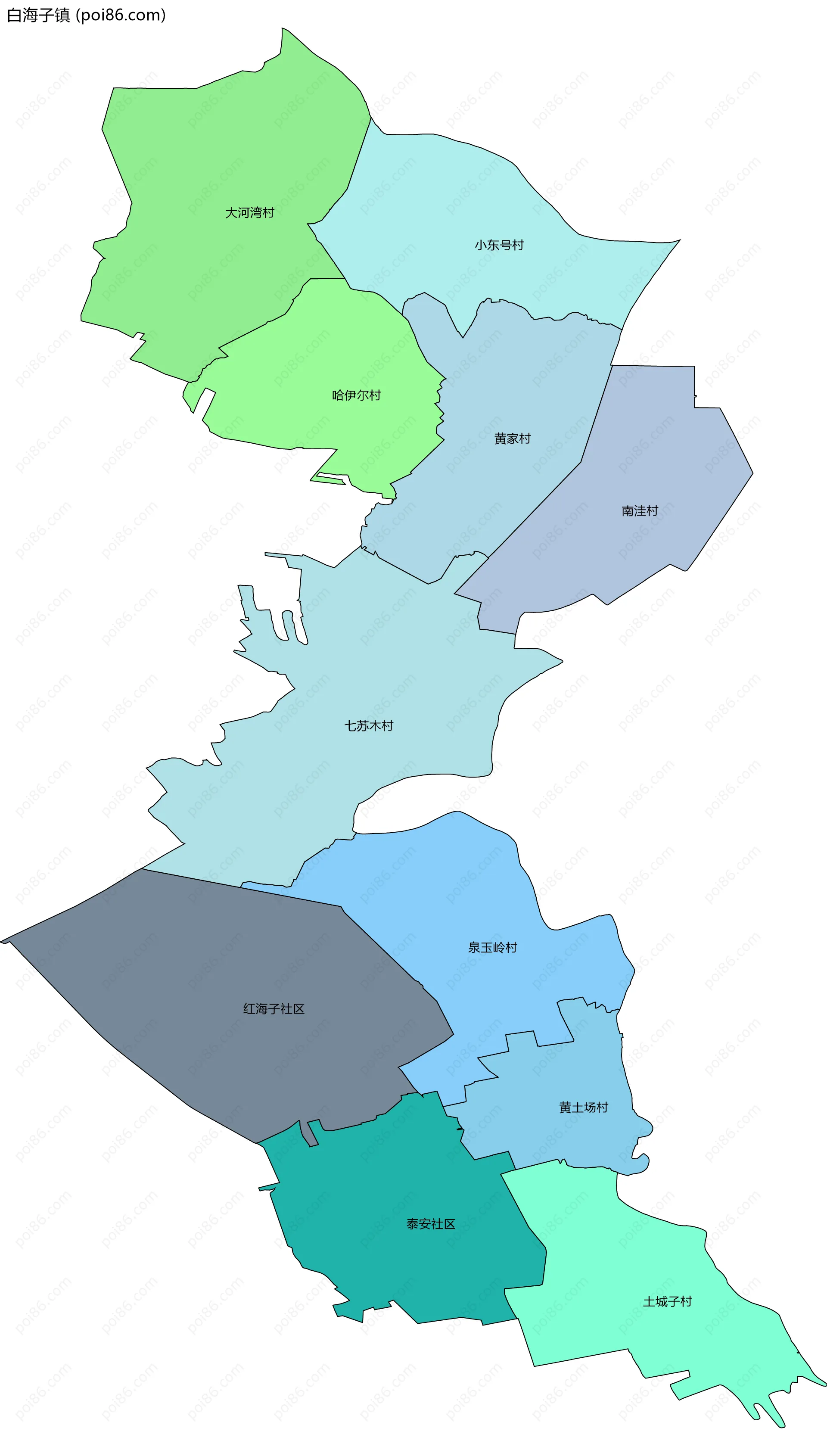 白海子镇边界地图(五级行政区划)