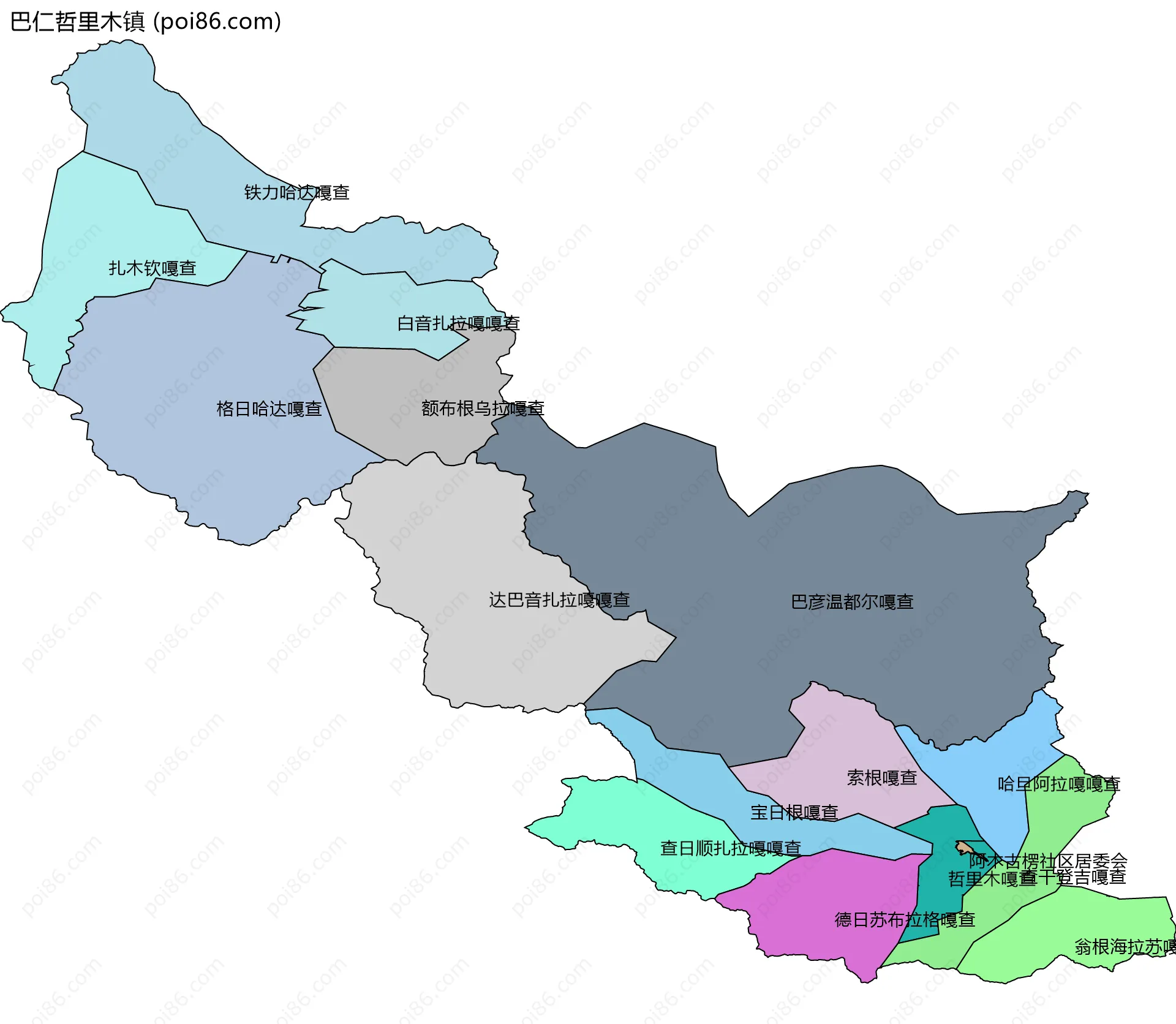 巴仁哲里木镇边界地图(五级行政区划)