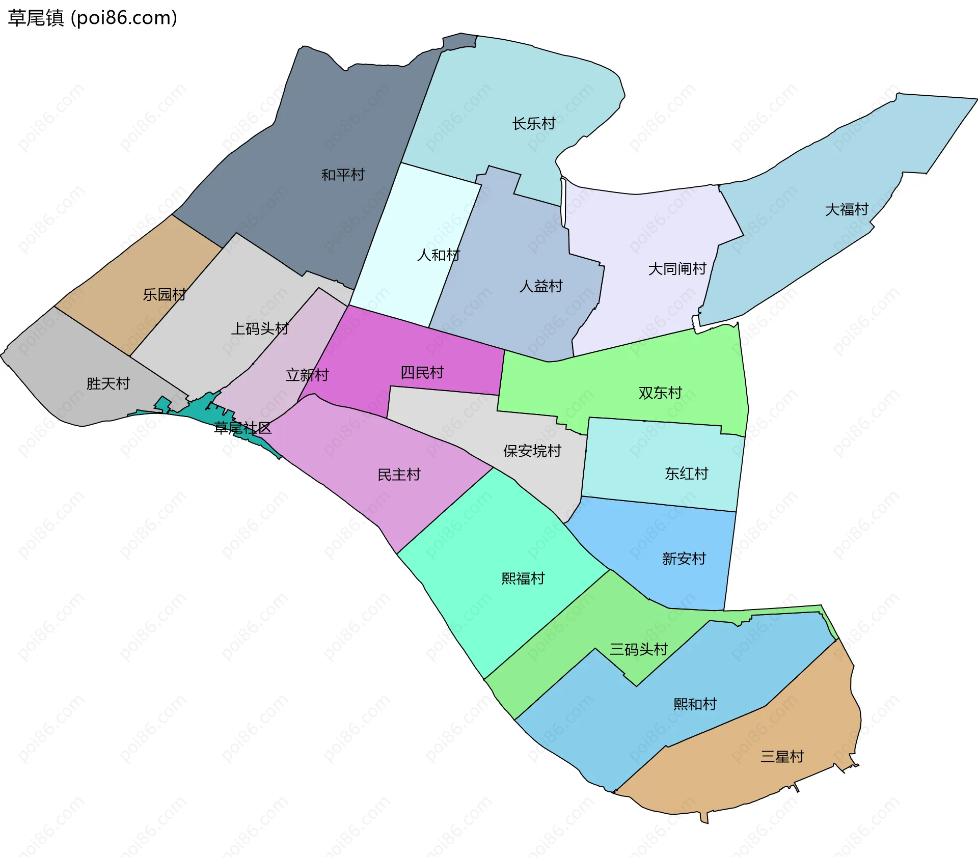草尾镇边界地图(五级行政区划)