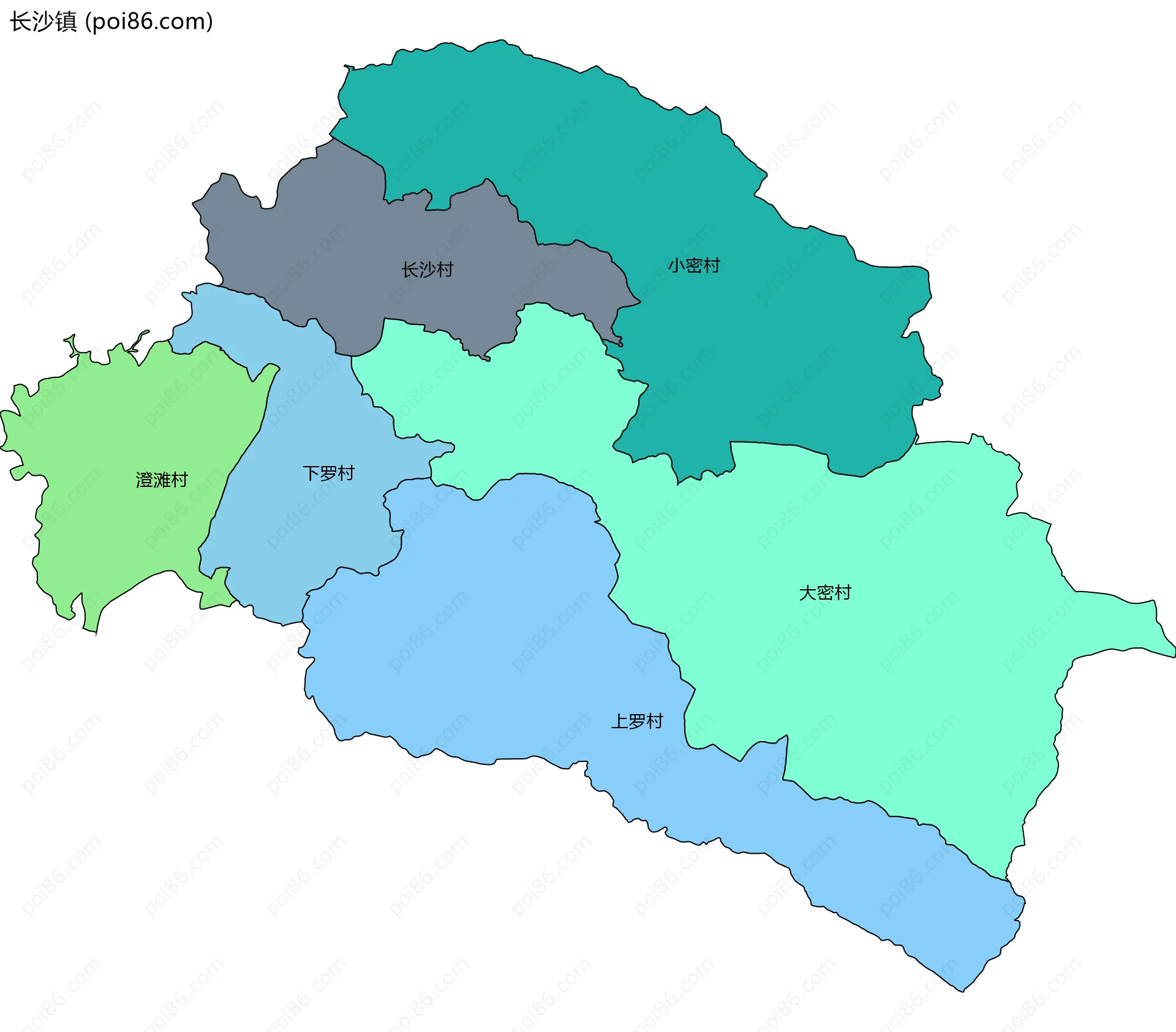 长沙镇边界地图(五级行政区划)
