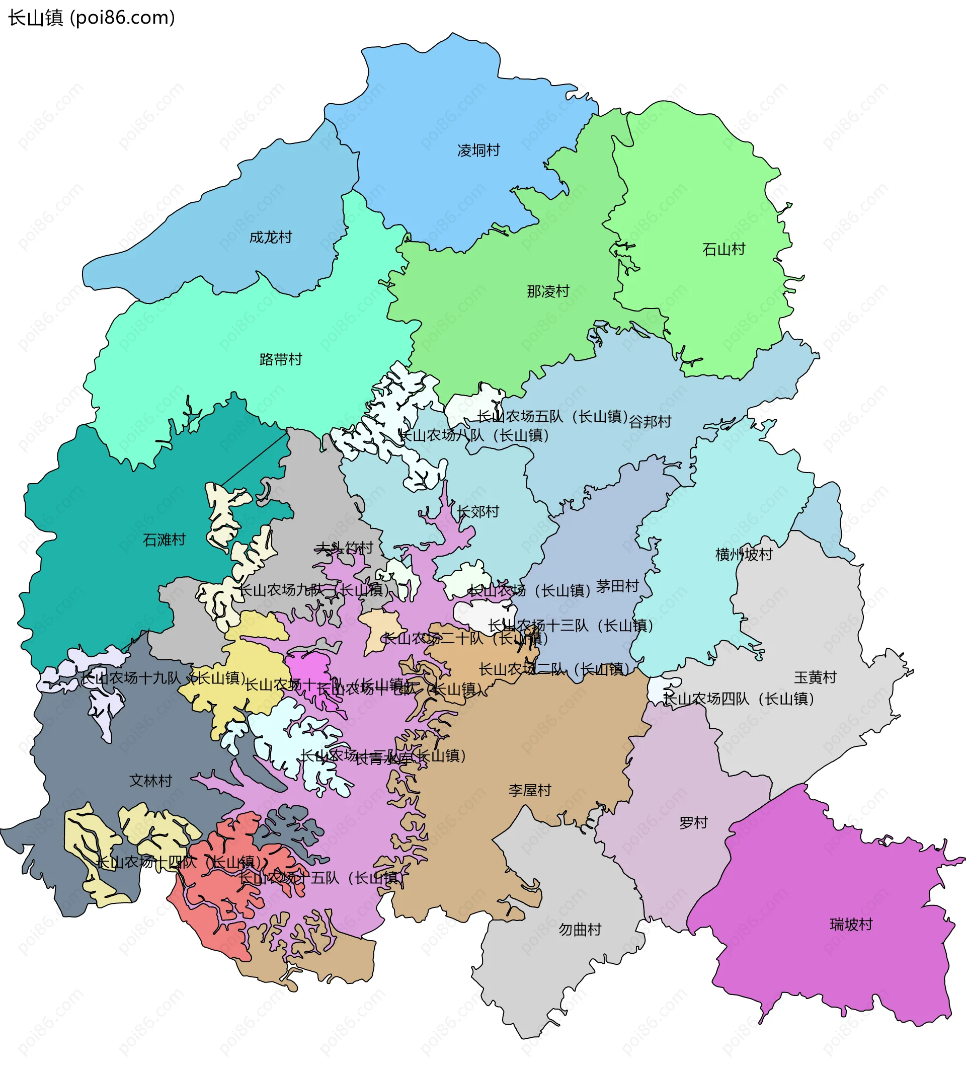 长山镇边界地图(五级行政区划)