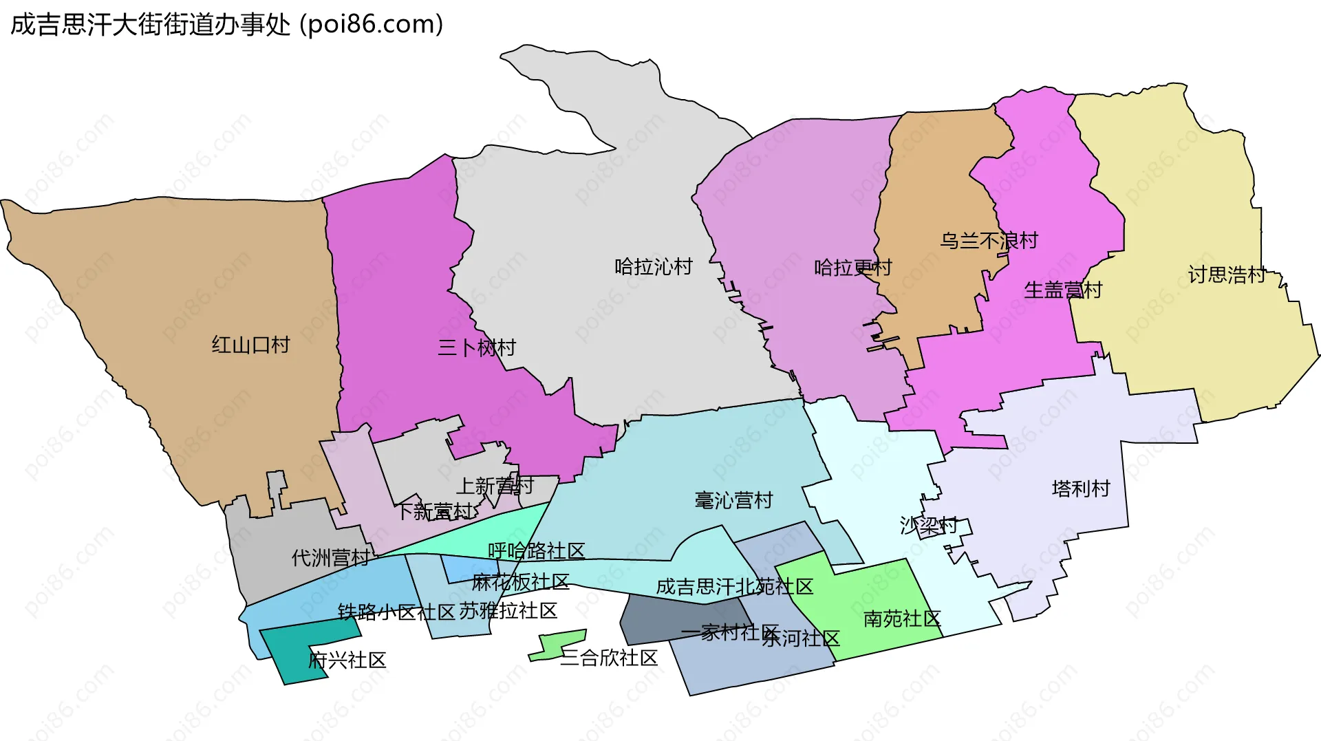 成吉思汗大街街道办事处边界地图(五级行政区划)
