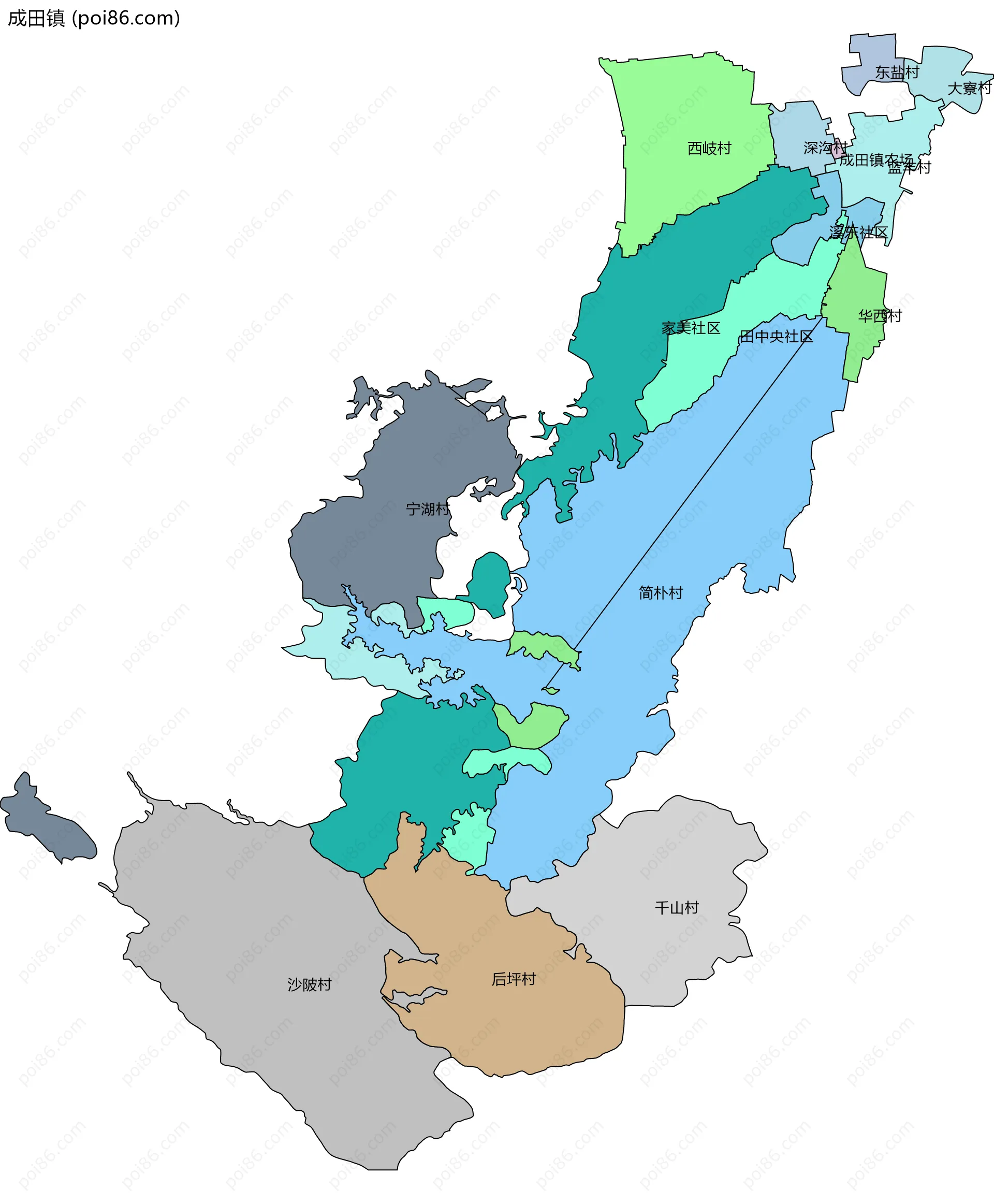 成田镇边界地图(五级行政区划)