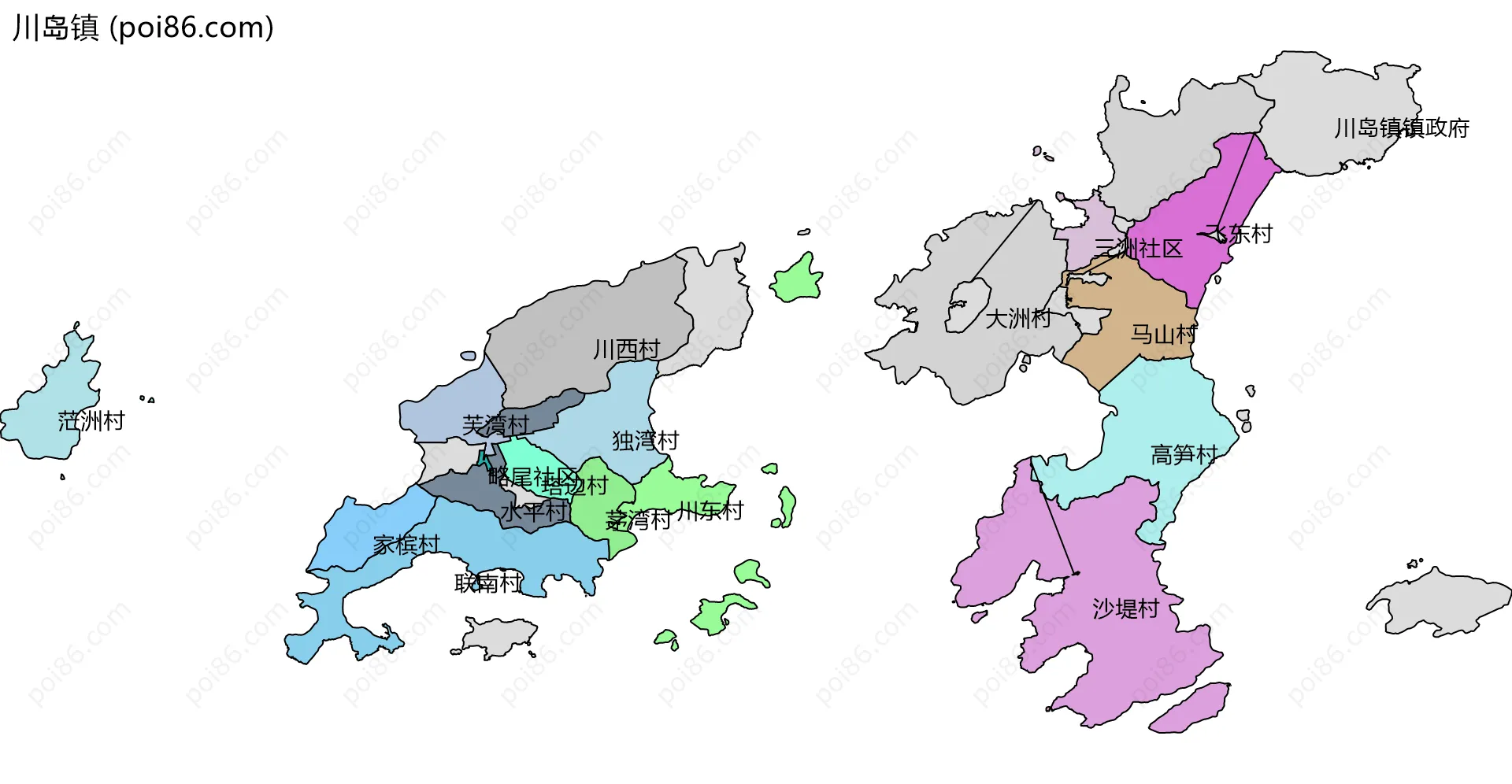 川岛镇边界地图(五级行政区划)