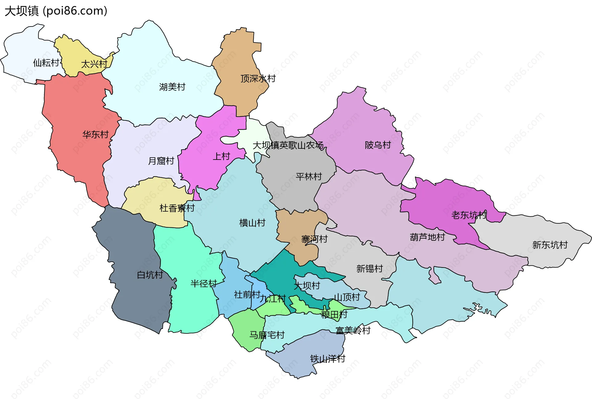 大坝镇边界地图(五级行政区划)