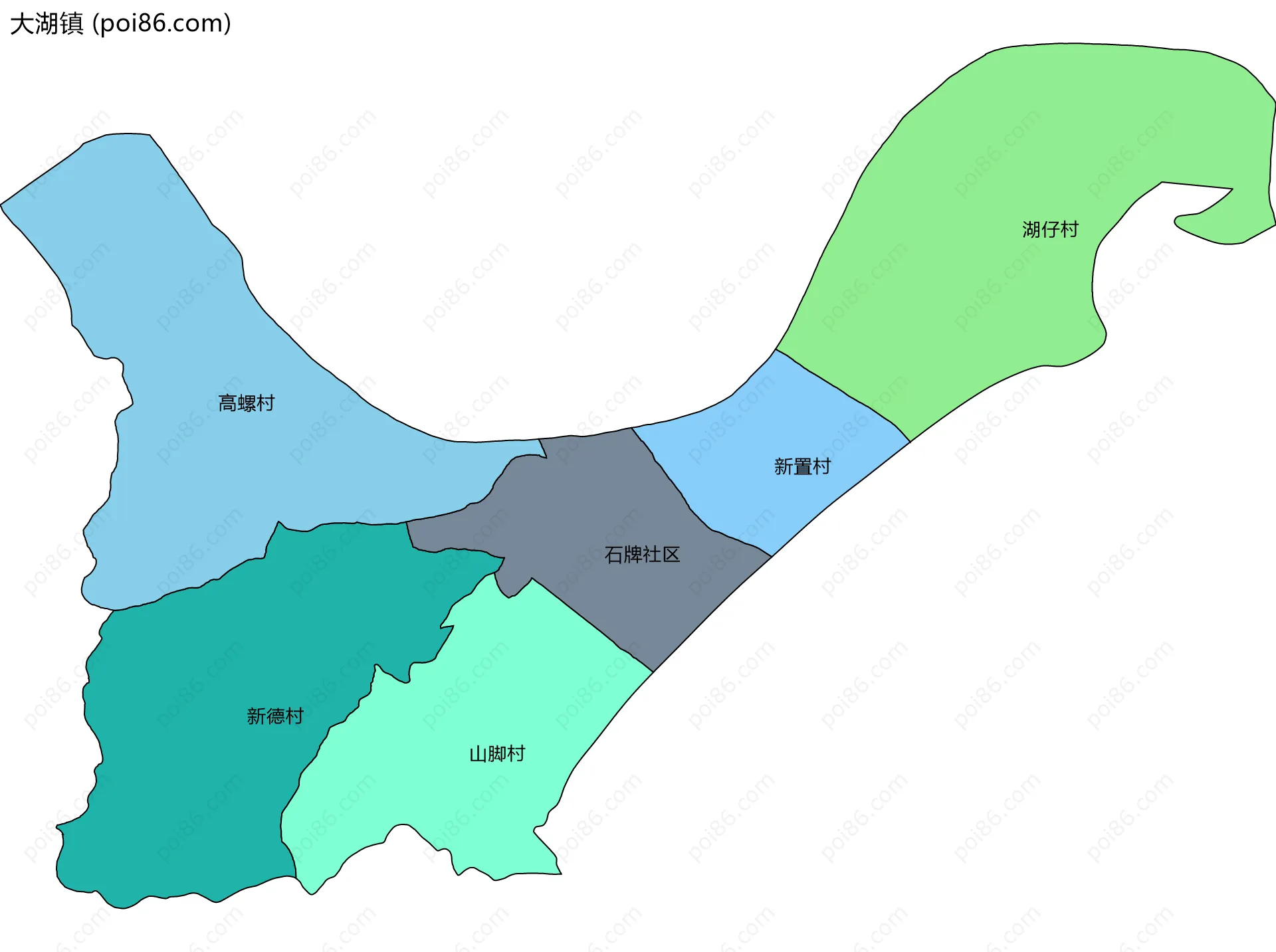 大湖镇边界地图(五级行政区划)