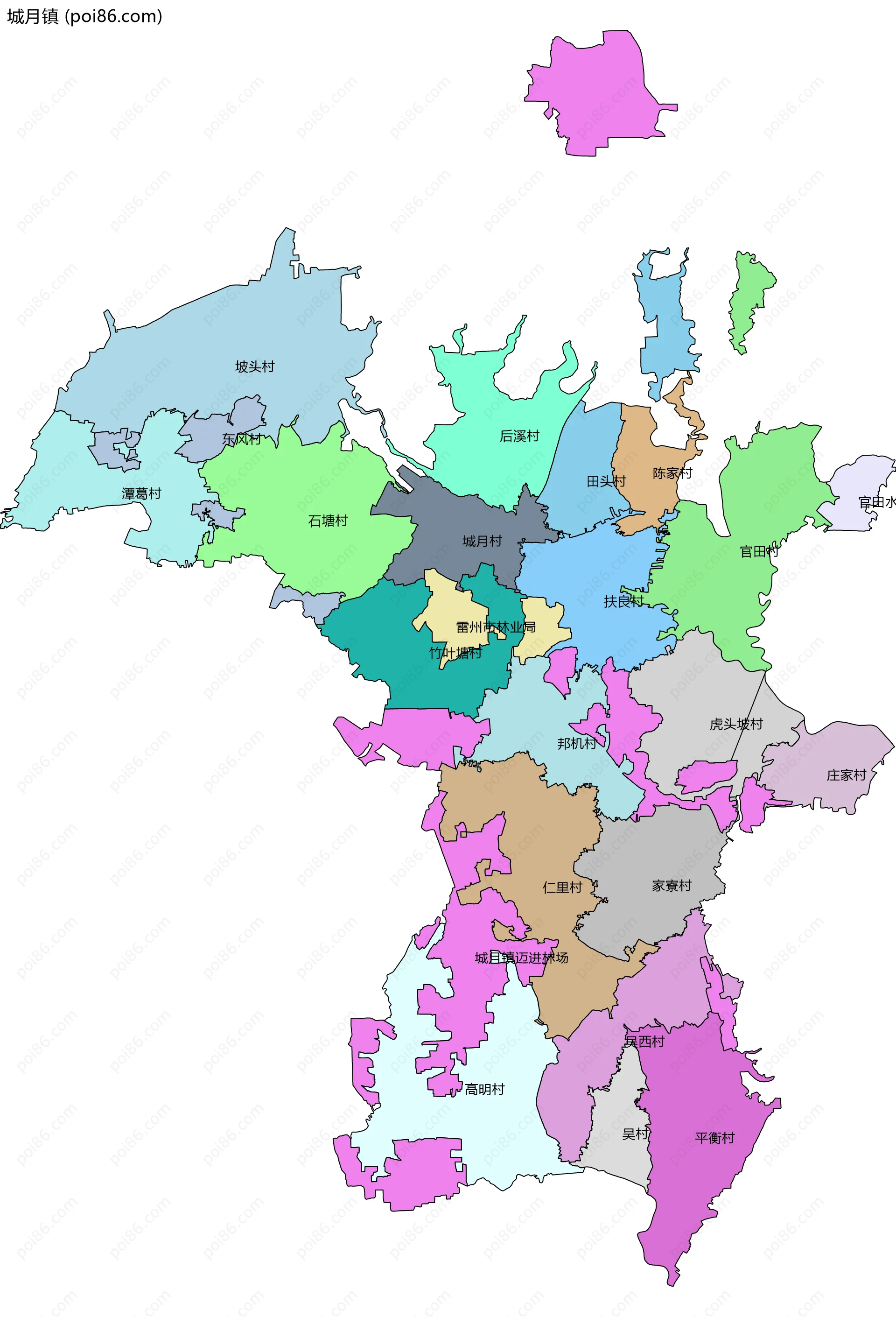 城月镇边界地图(五级行政区划)
