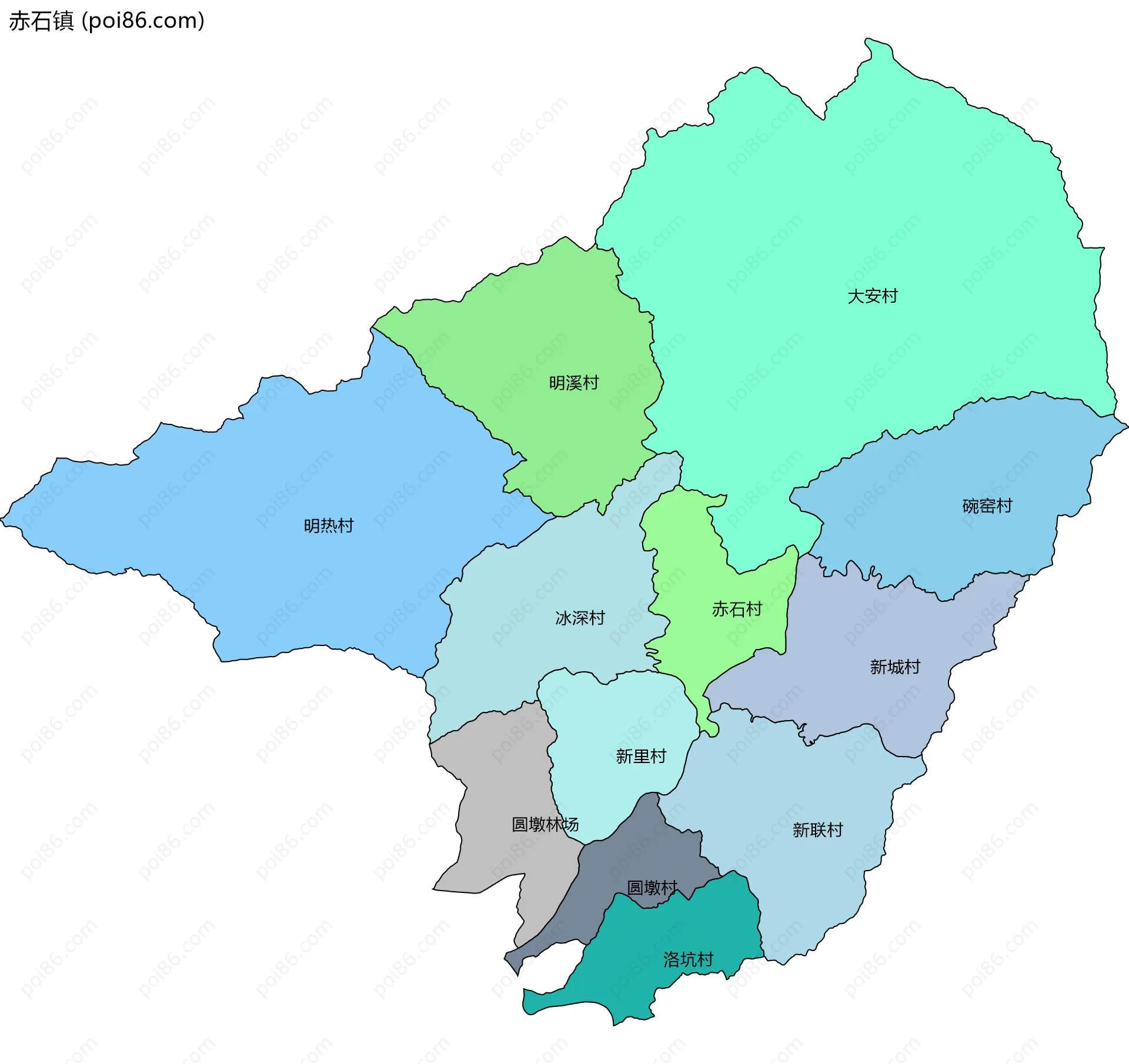 赤石镇边界地图(五级行政区划)
