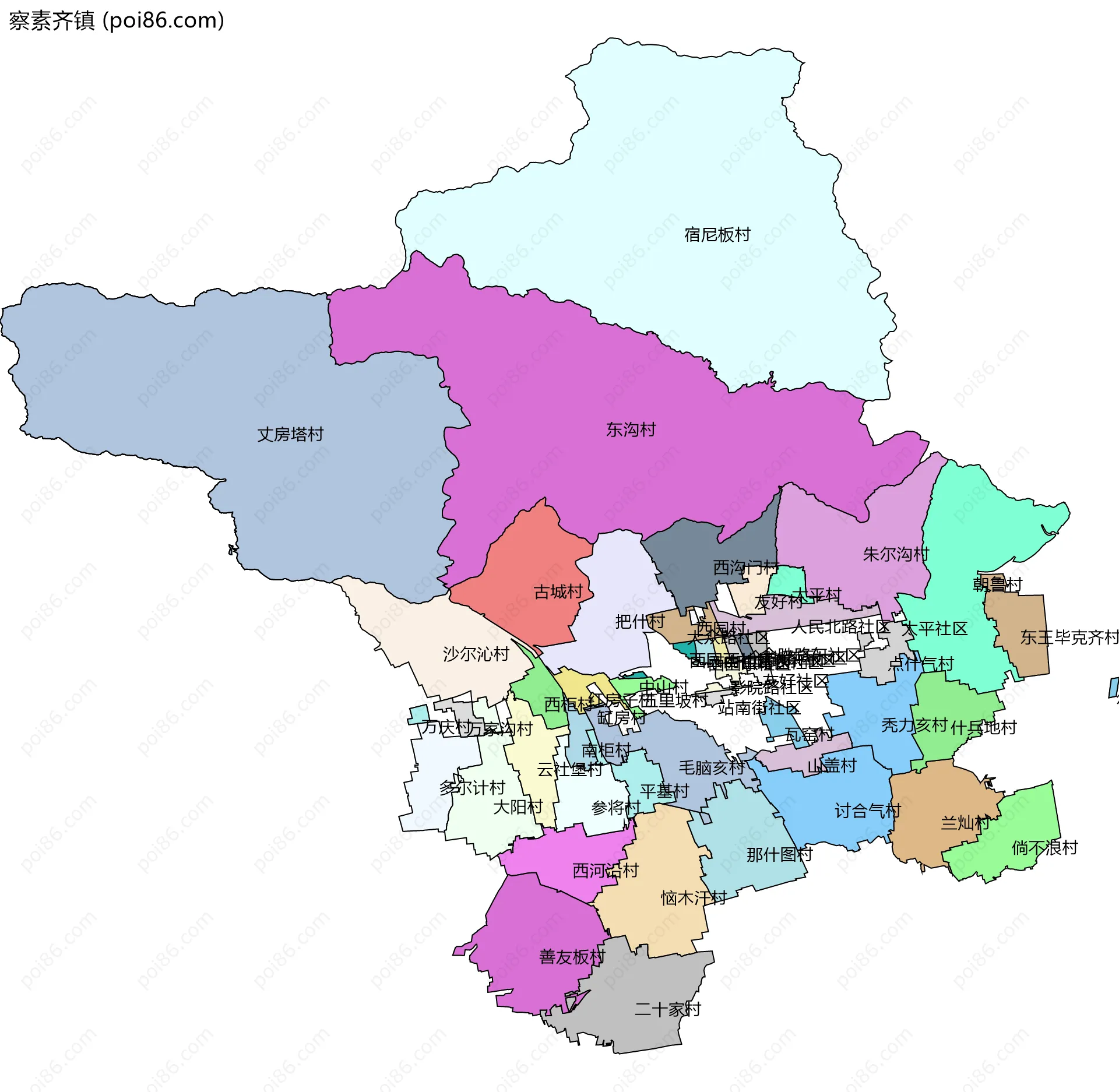 察素齐镇边界地图(五级行政区划)