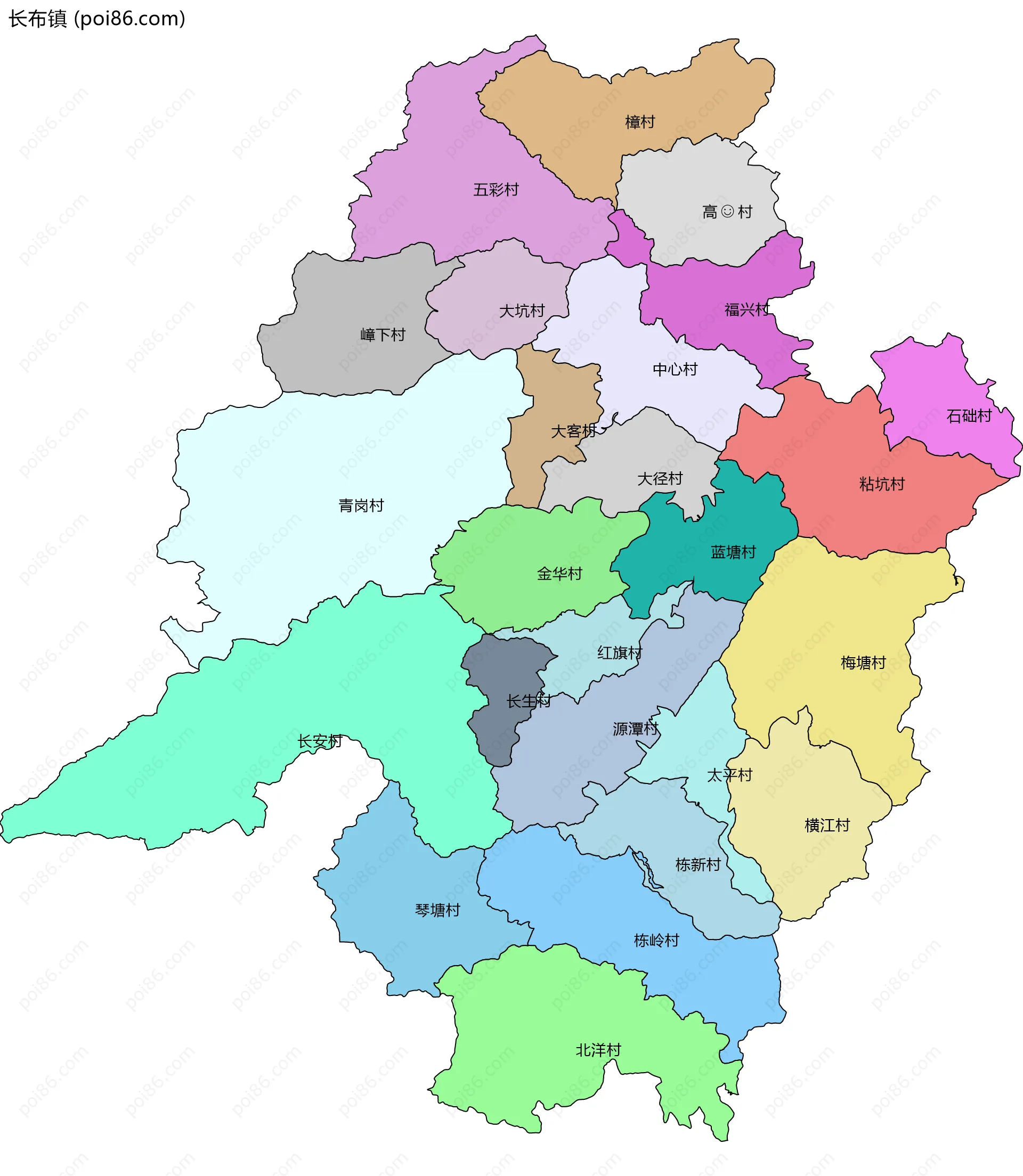 长布镇边界地图(五级行政区划)