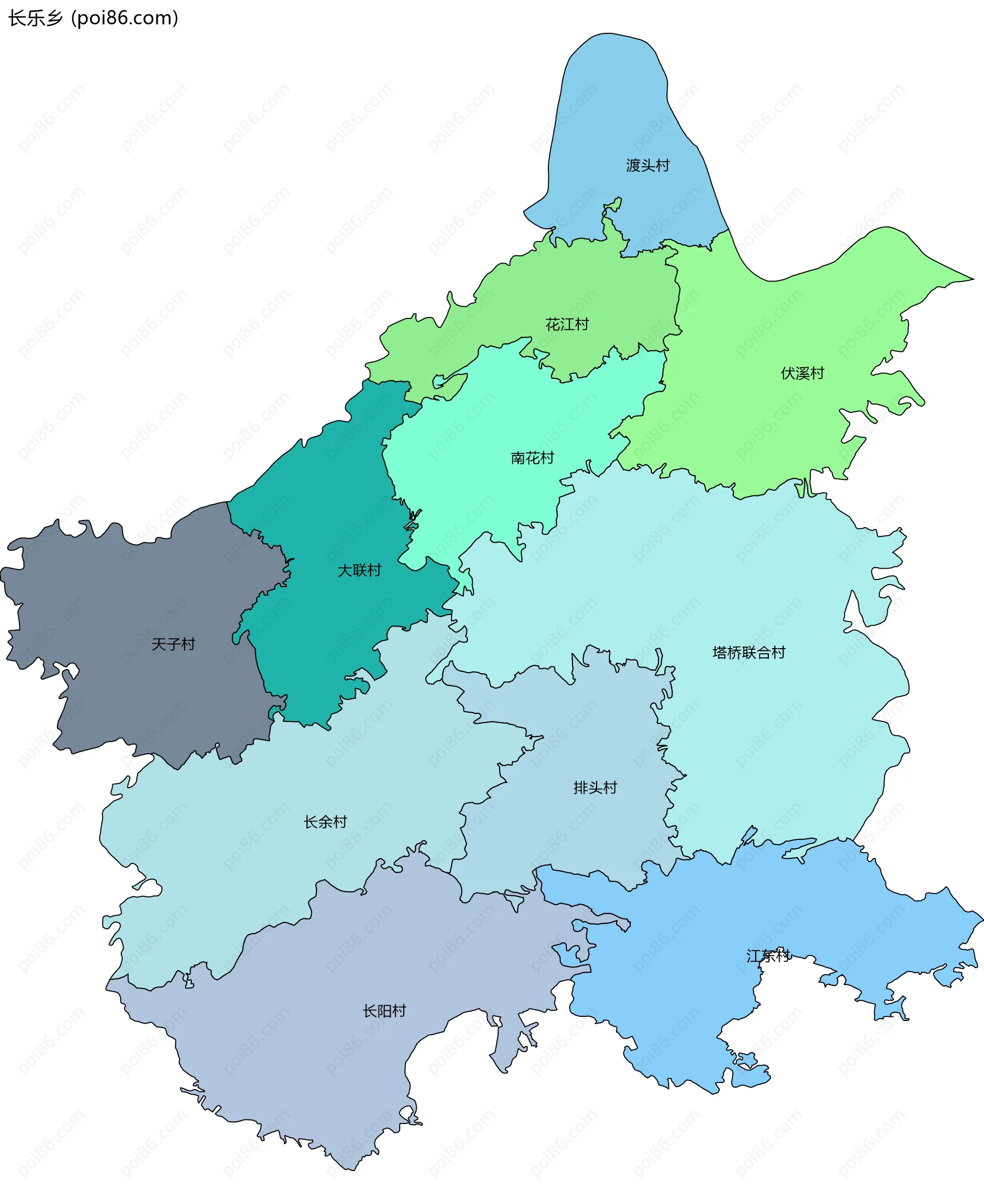 长乐乡边界地图(五级行政区划)