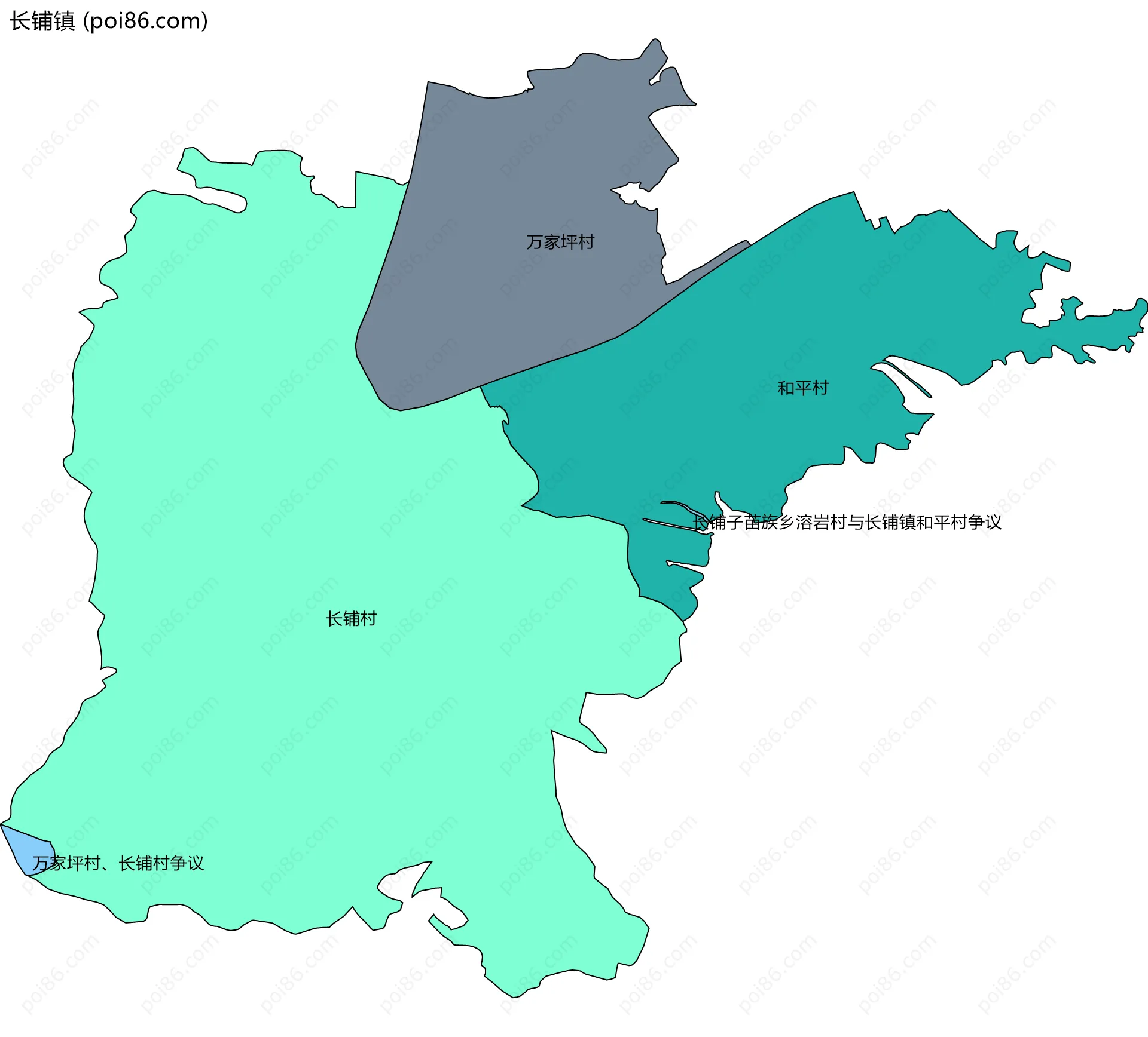 长铺镇边界地图(五级行政区划)