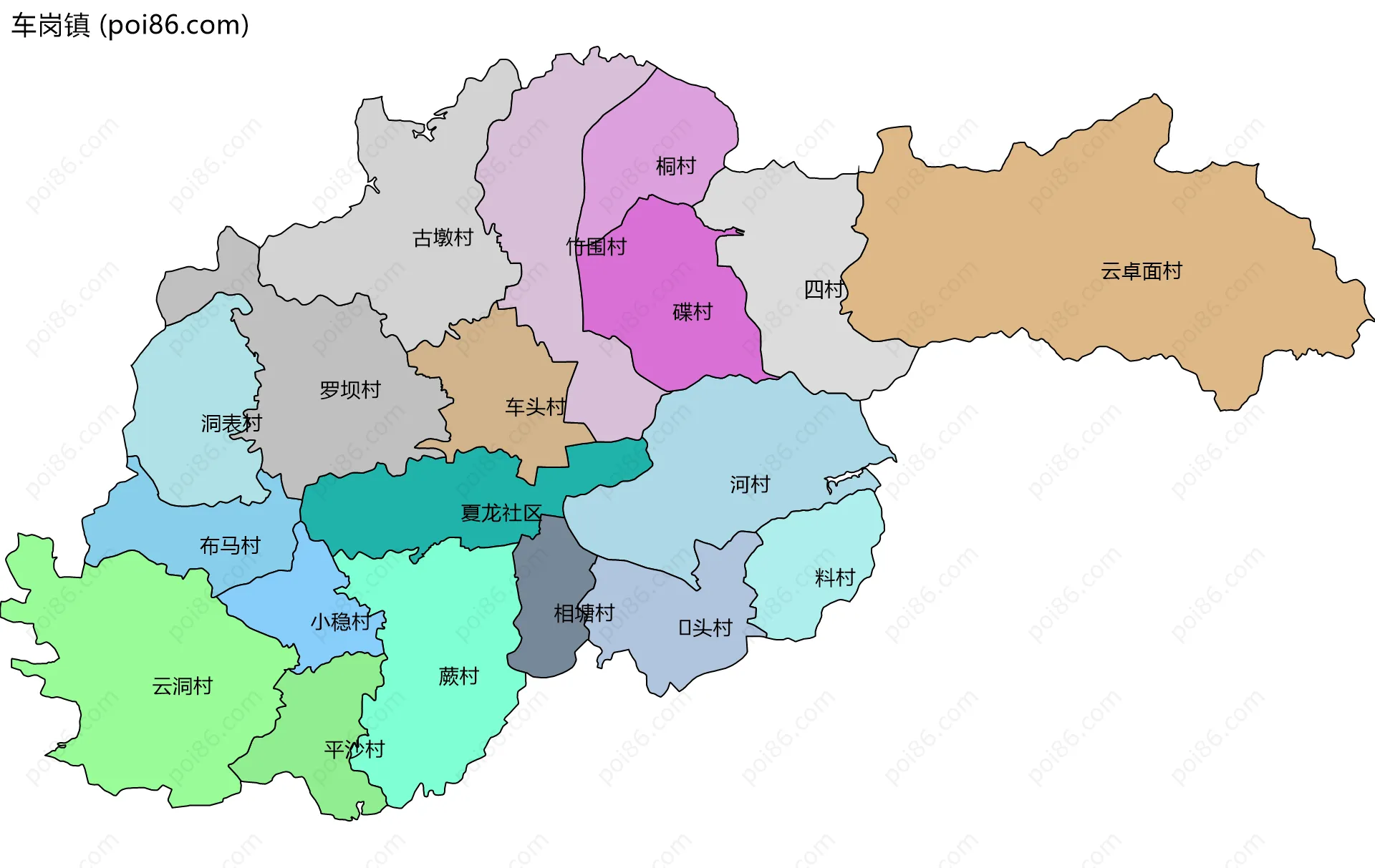 车岗镇边界地图(五级行政区划)
