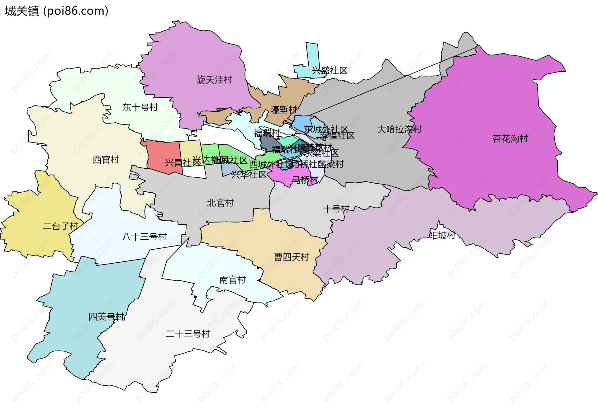 城关镇边界地图(五级行政区划)