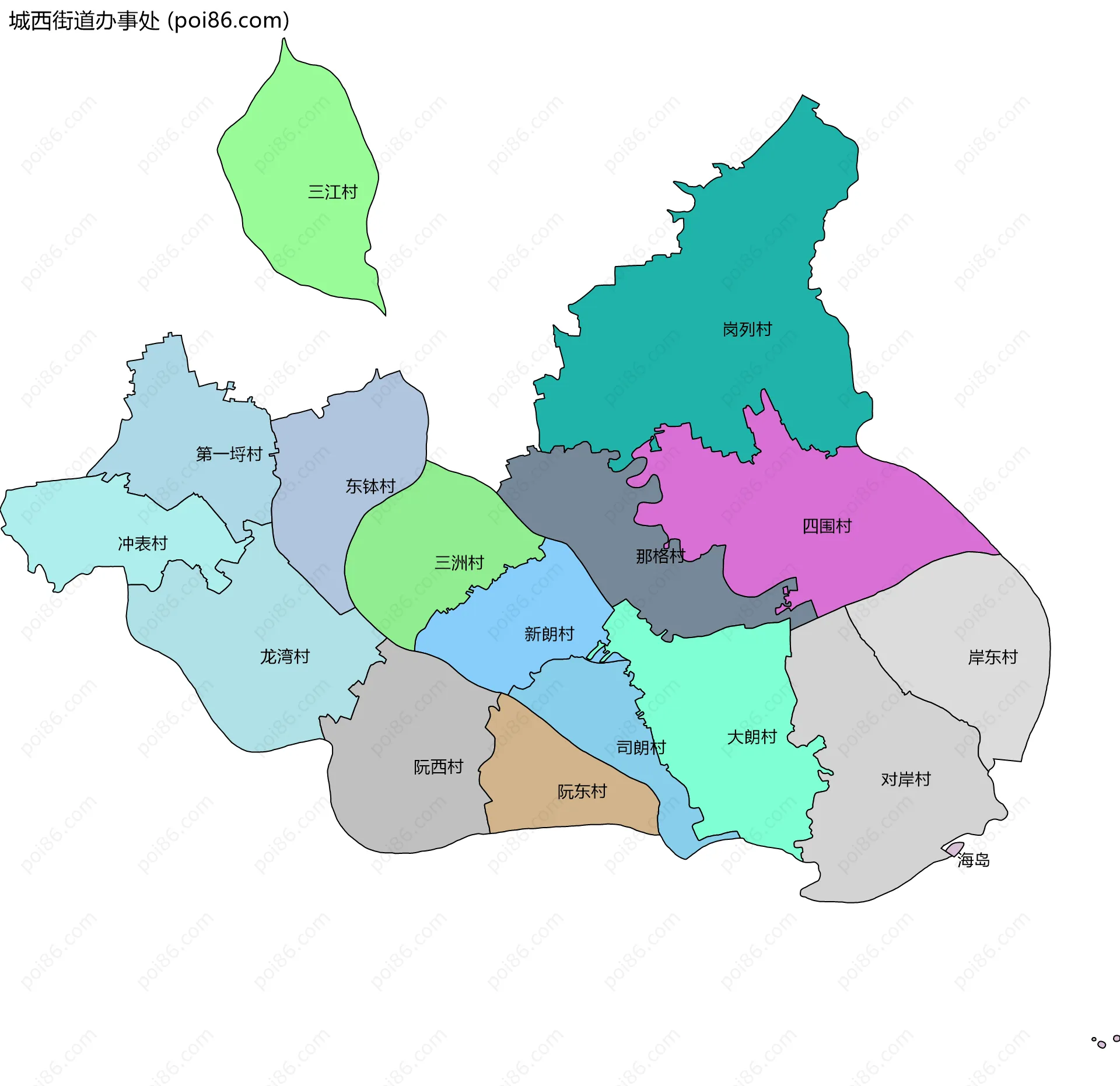 城西街道办事处边界地图(五级行政区划)