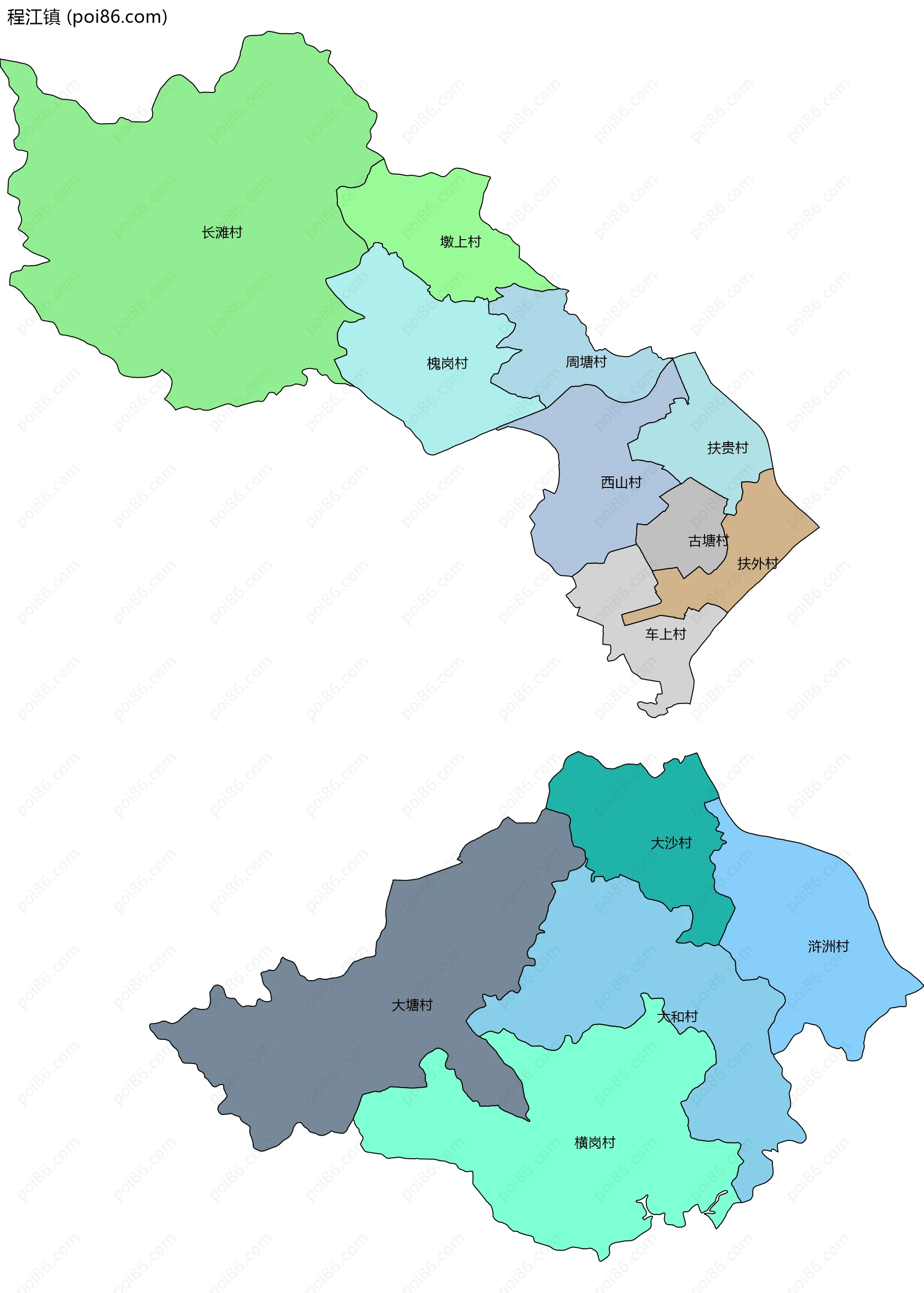 程江镇边界地图(五级行政区划)