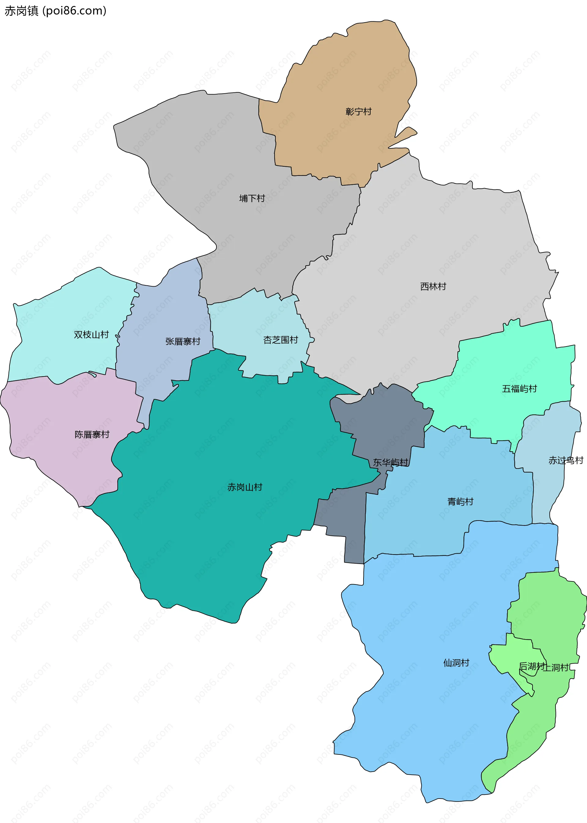 赤岗镇边界地图(五级行政区划)