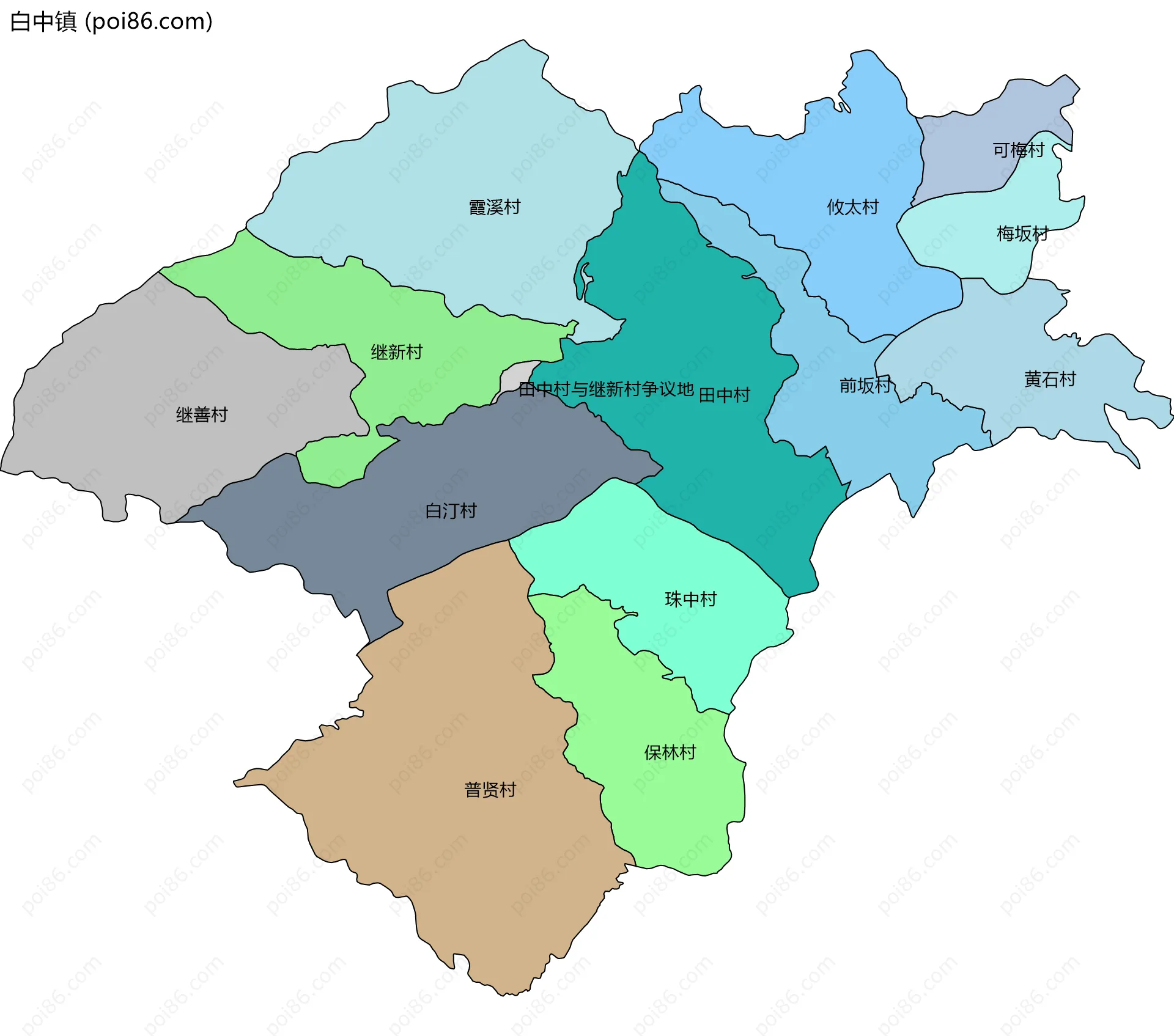 白中镇边界地图(五级行政区划)