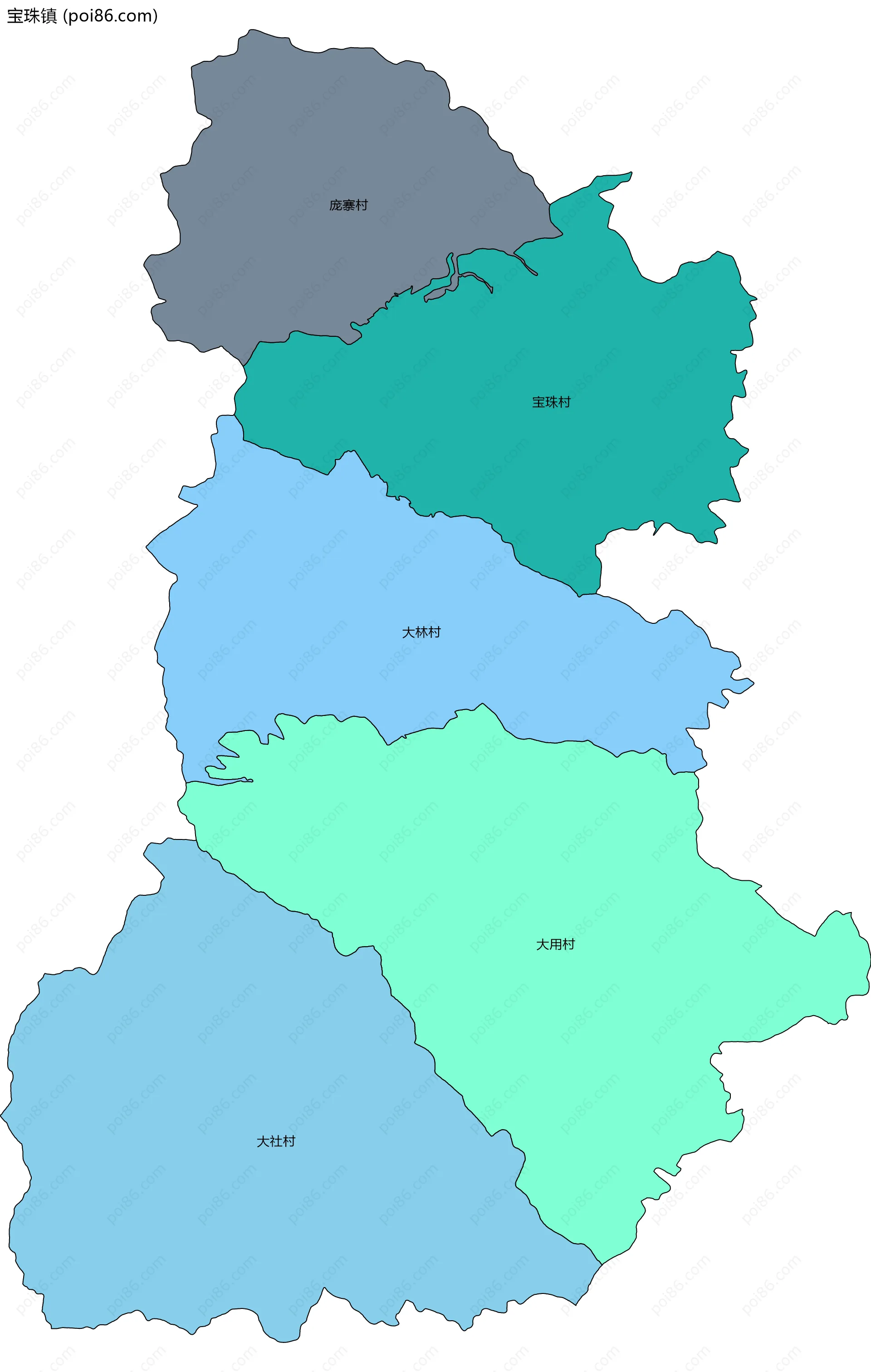 宝珠镇边界地图(五级行政区划)