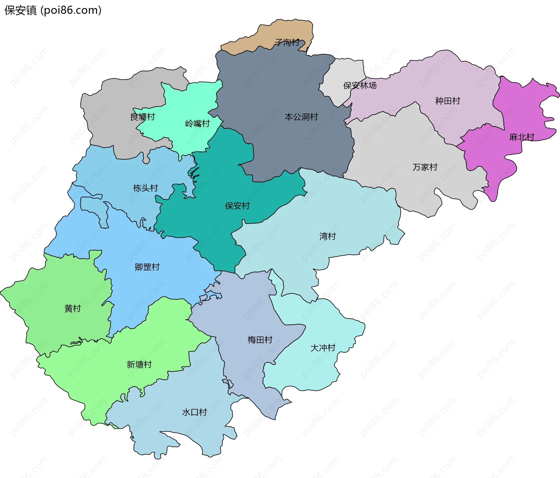 保安镇边界地图(五级行政区划)