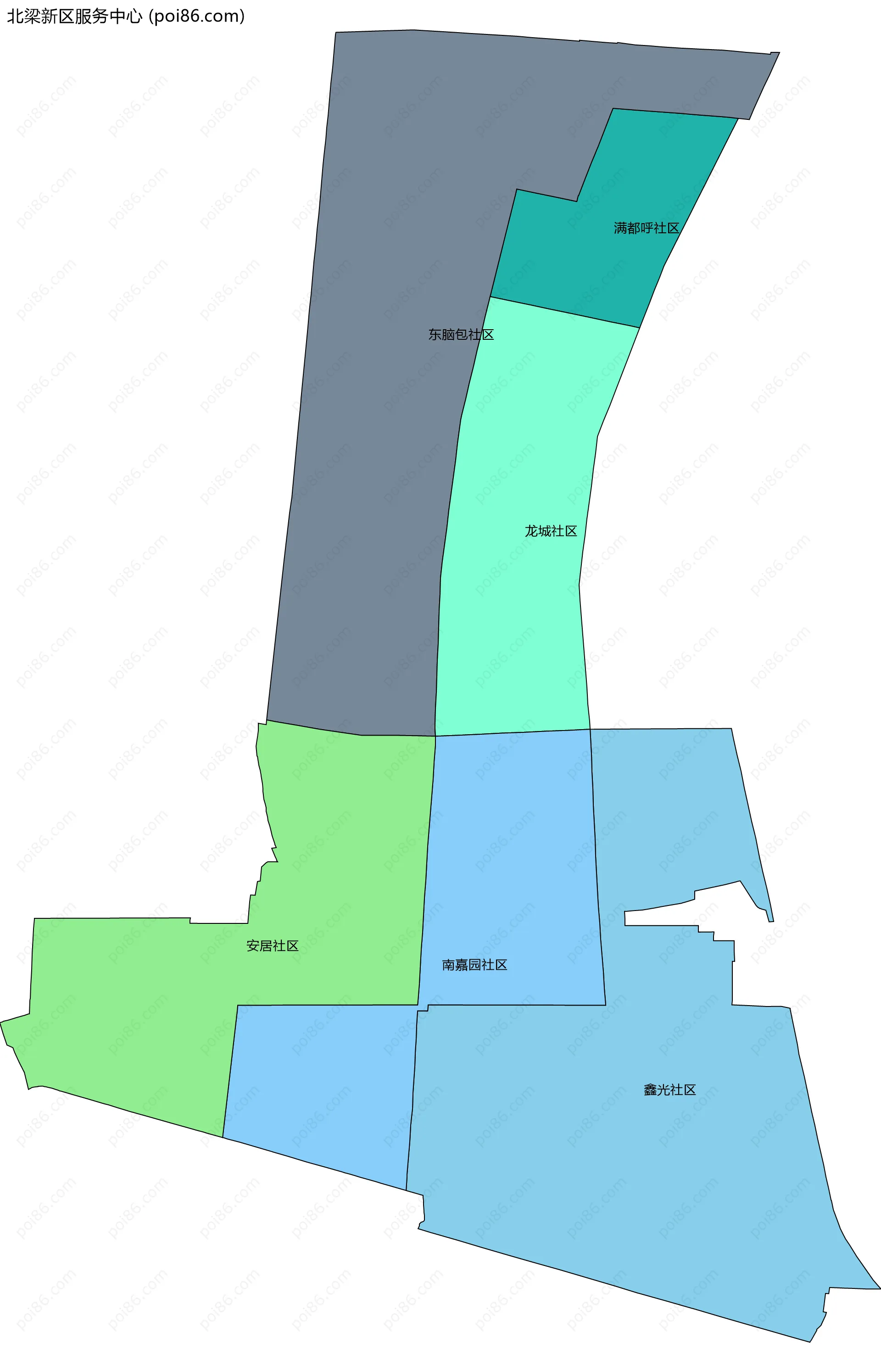 北梁新区服务中心边界地图(五级行政区划)