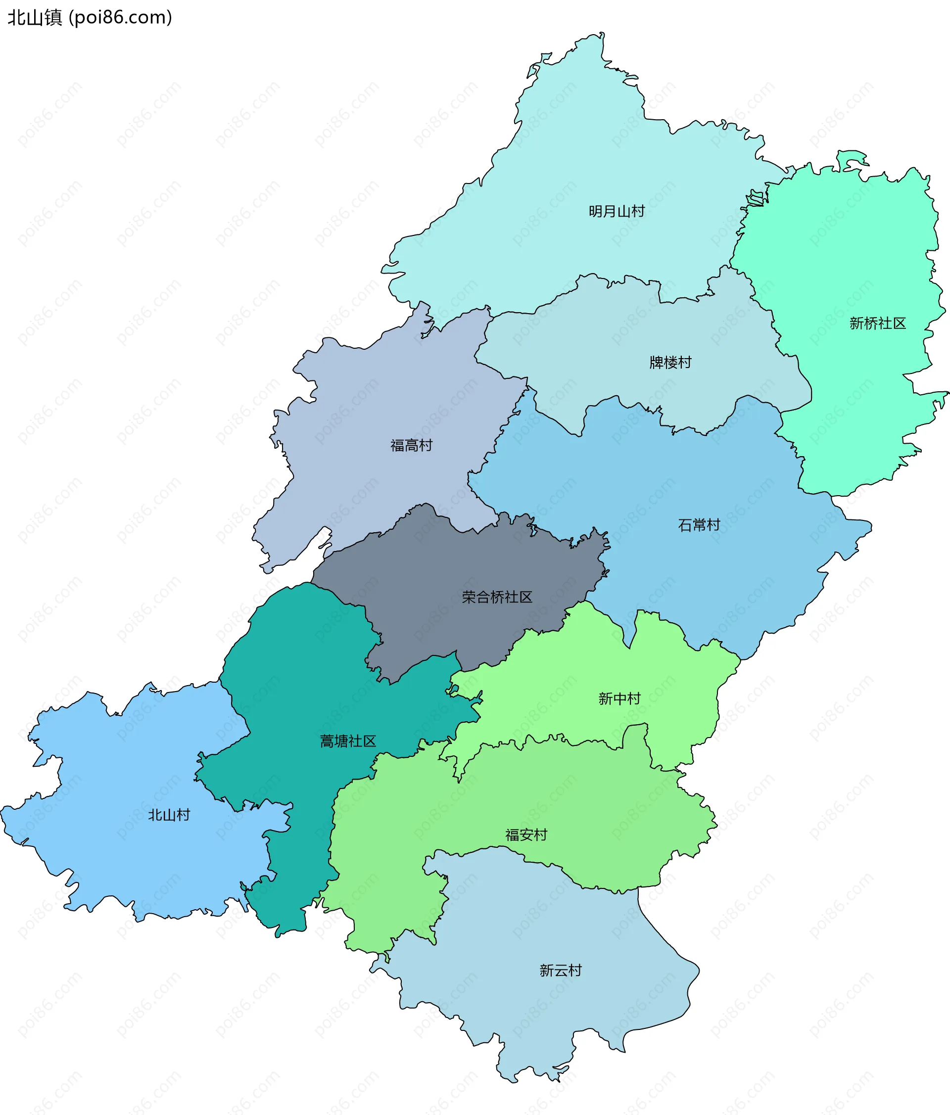 北山镇边界地图(五级行政区划)