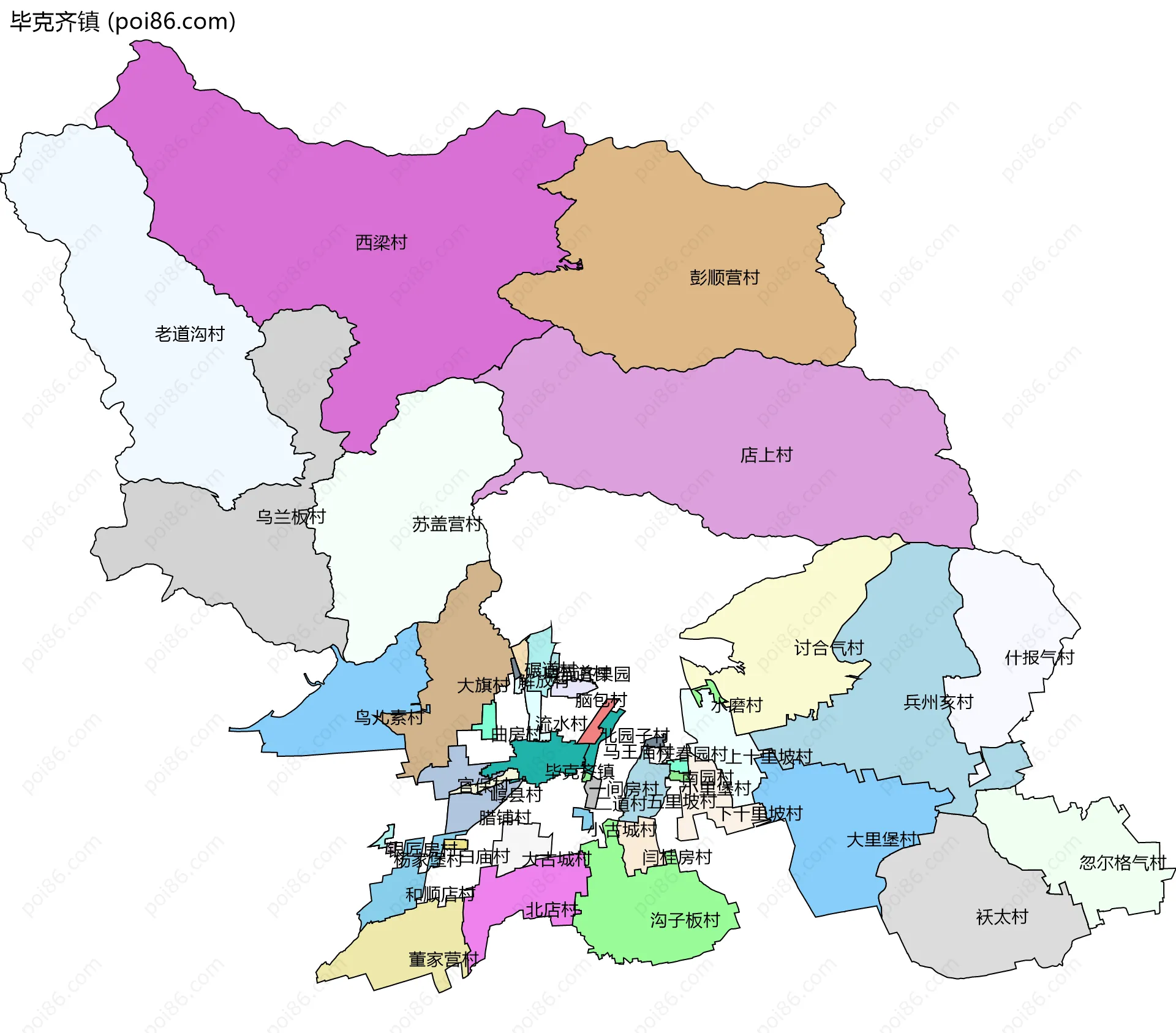 毕克齐镇边界地图(五级行政区划)