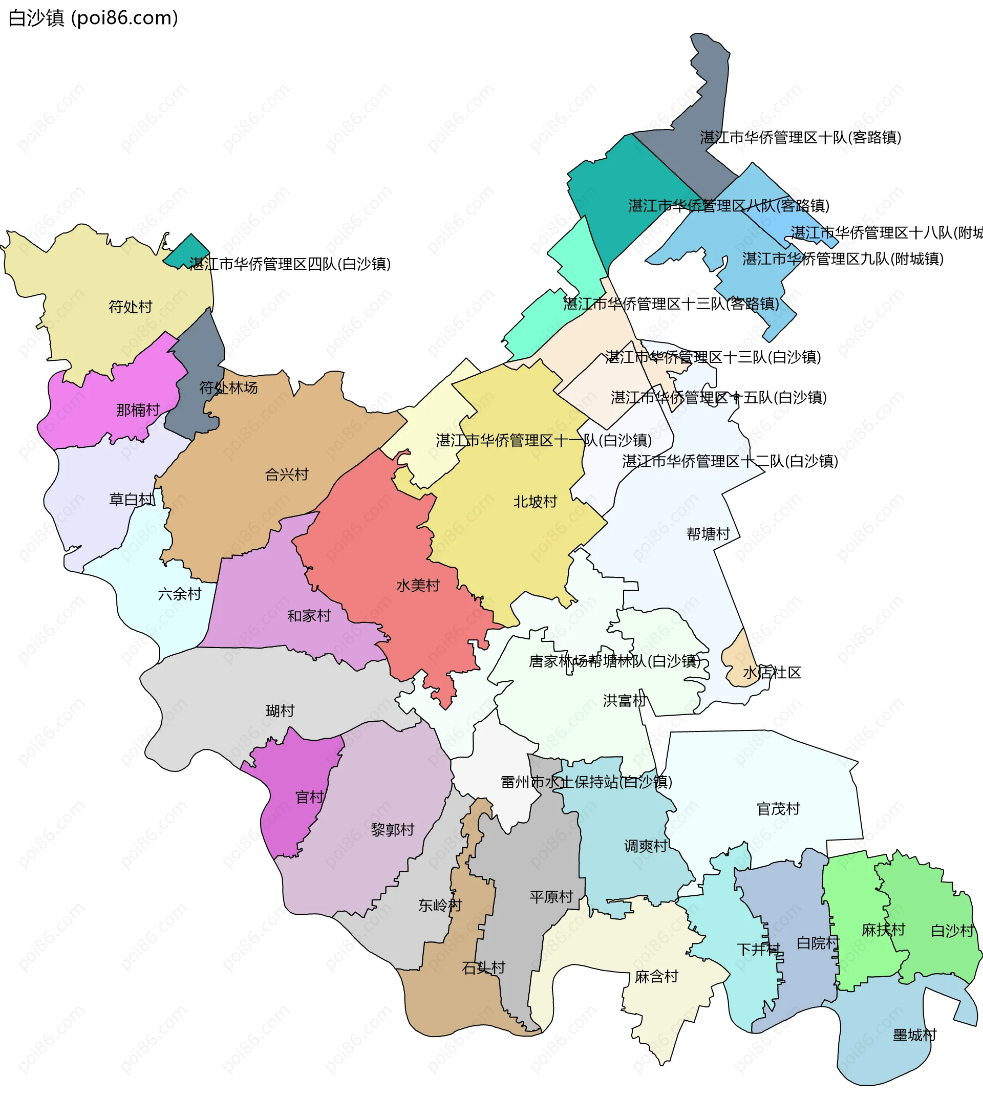 白沙镇边界地图(五级行政区划)