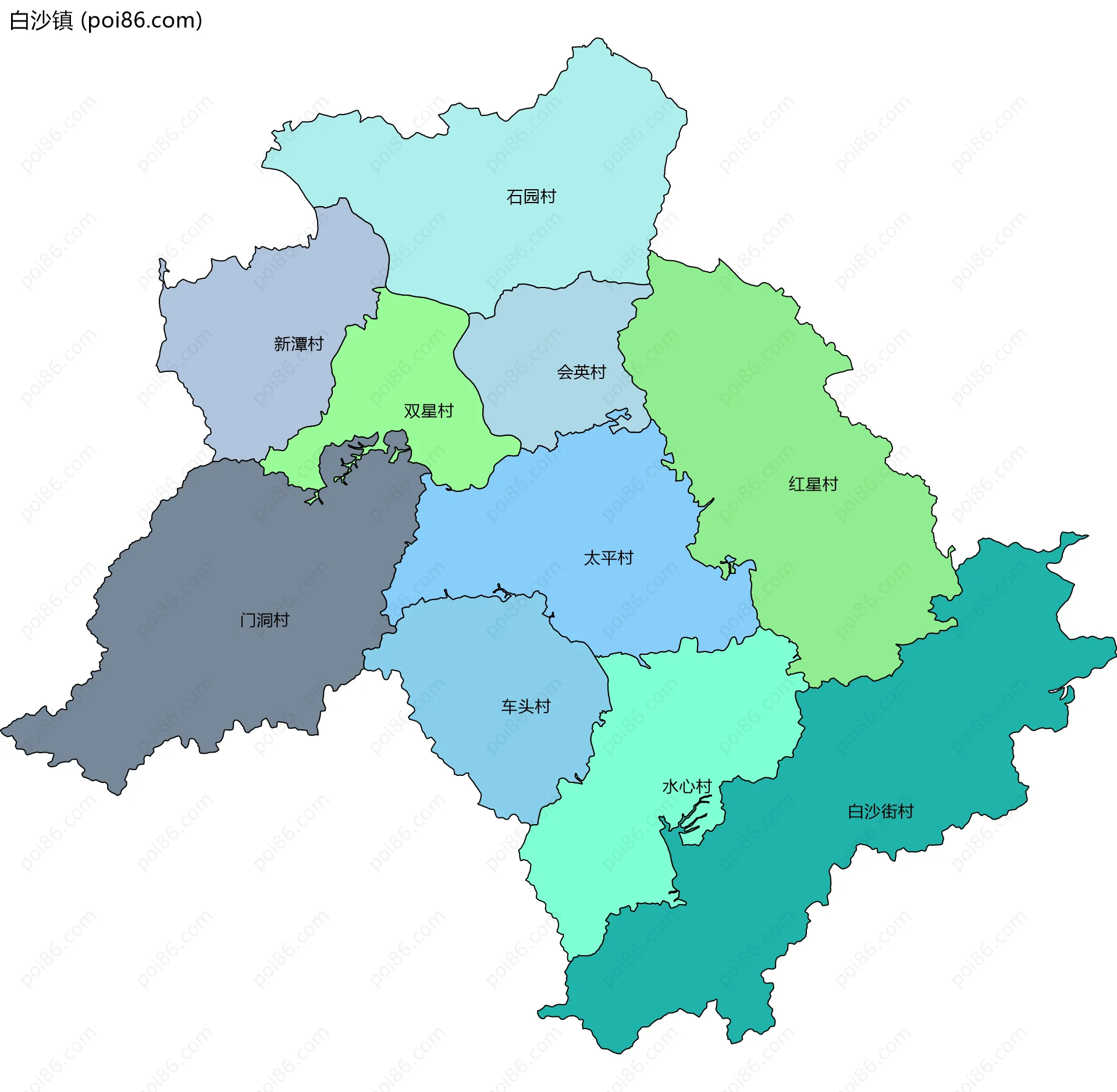 白沙镇边界地图(五级行政区划)