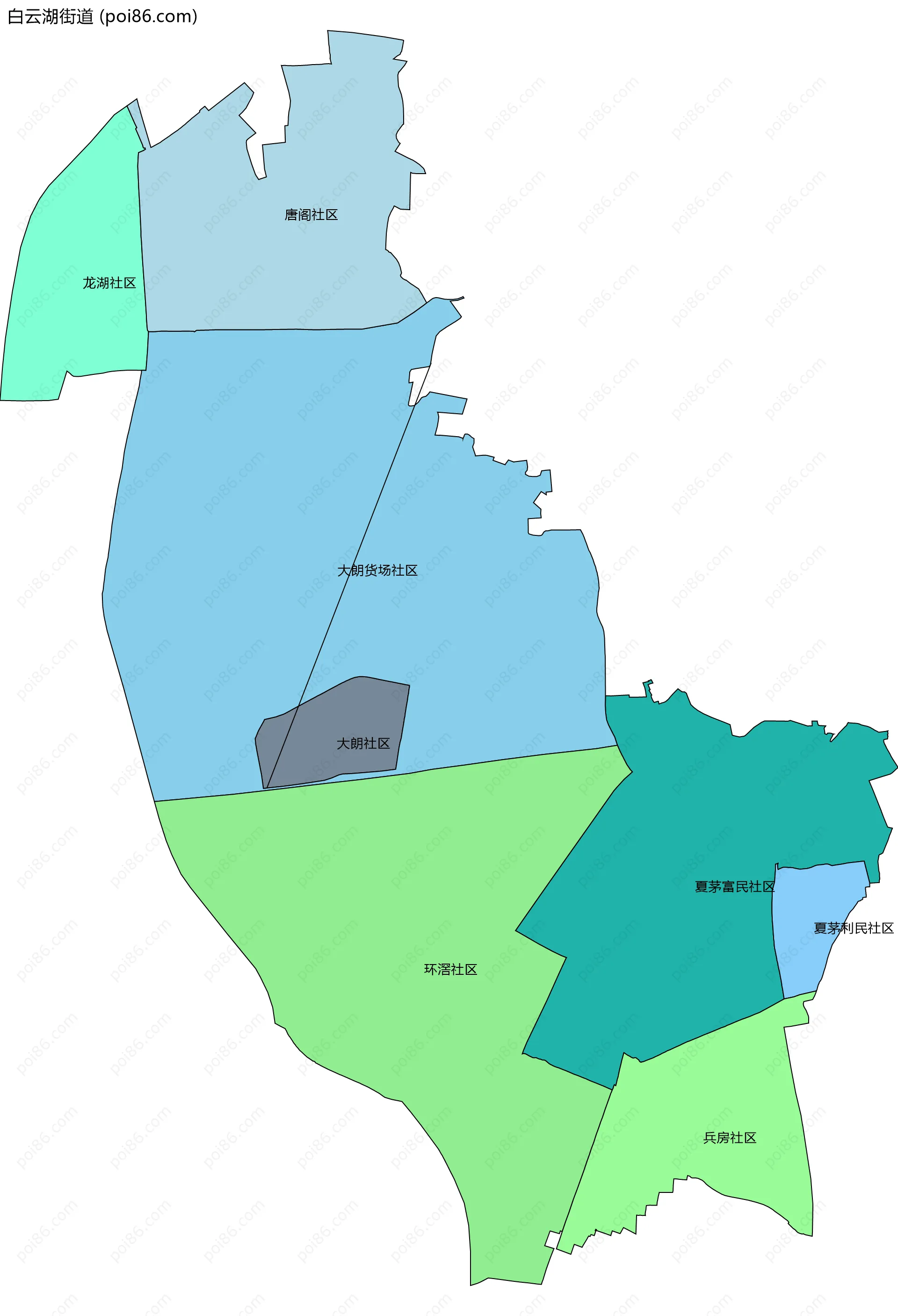 白云湖街道边界地图(五级行政区划)